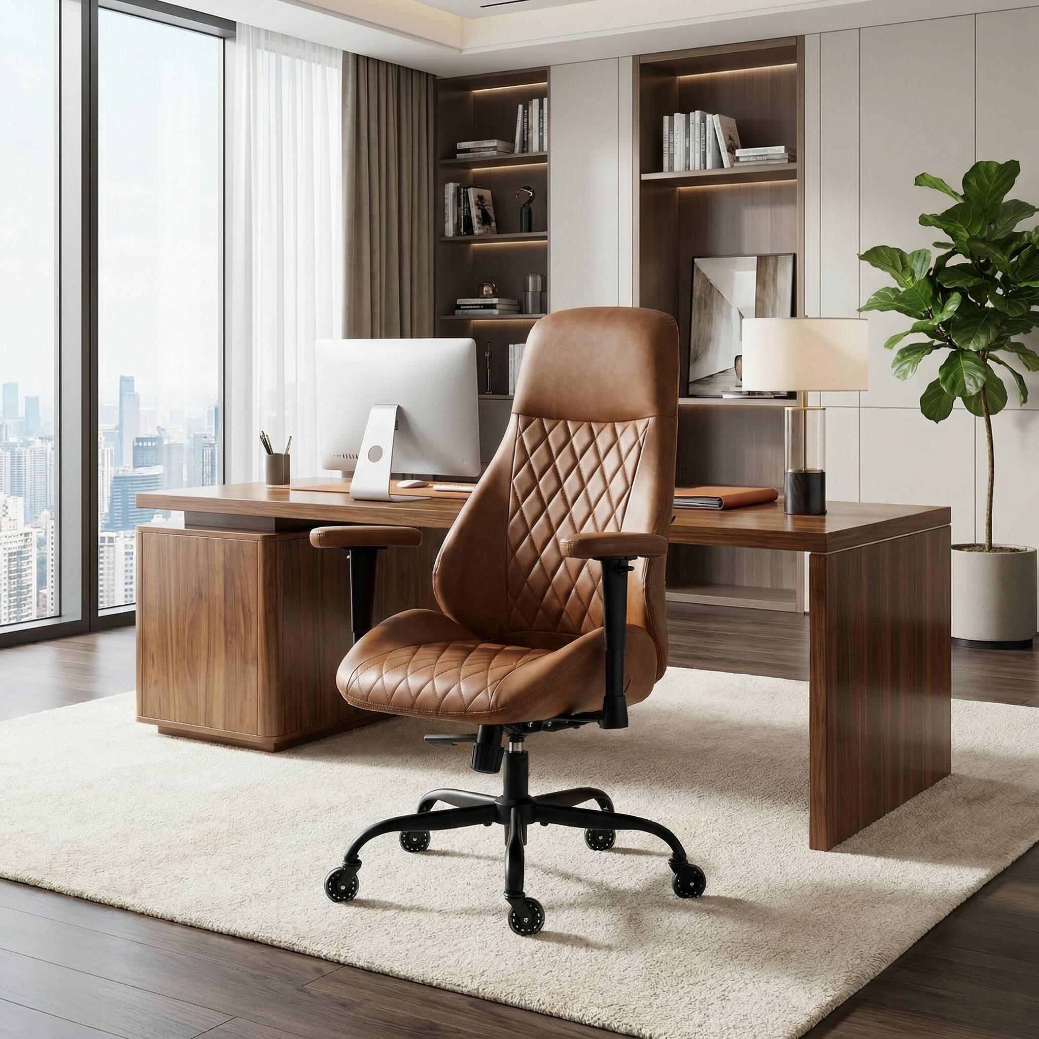 Forest'nSky - Ergonomic High-Back Office Chair with Lumbar Support & Adjustable Height - Executive PU Desk Chair - Brown