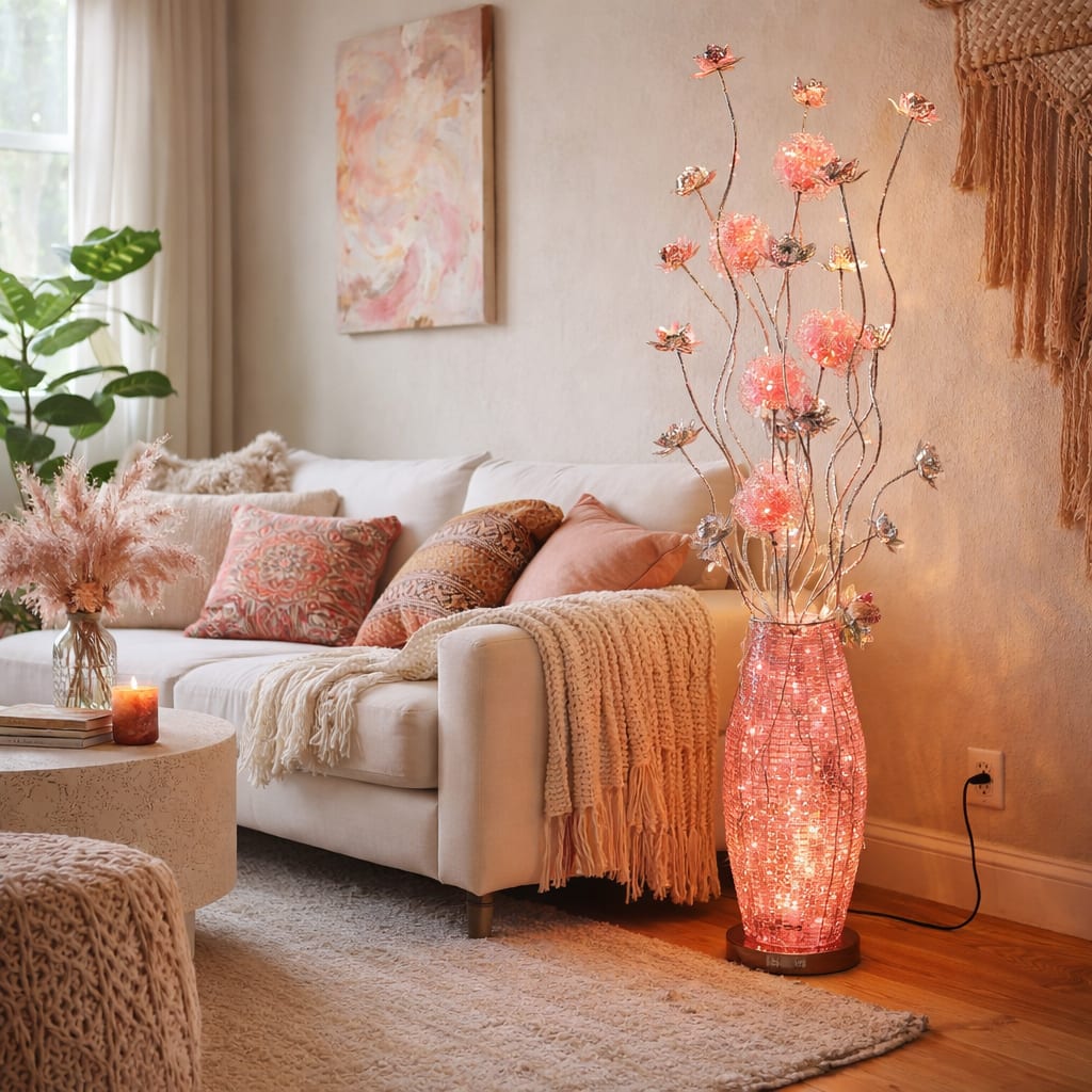 FC Design - 59"H Peach LED Petal Arrangement with Illuminated Black Base Floor Lamp