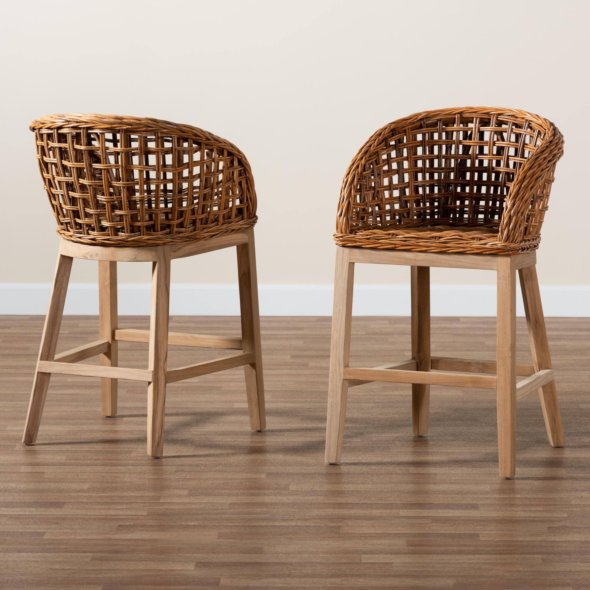 Alt View 4. bali & pari - Mario Modern Bohemian Natural Finished Teak Wood and Rattan 2-Piece Counter Stool Set - Natural Brown/Brown.