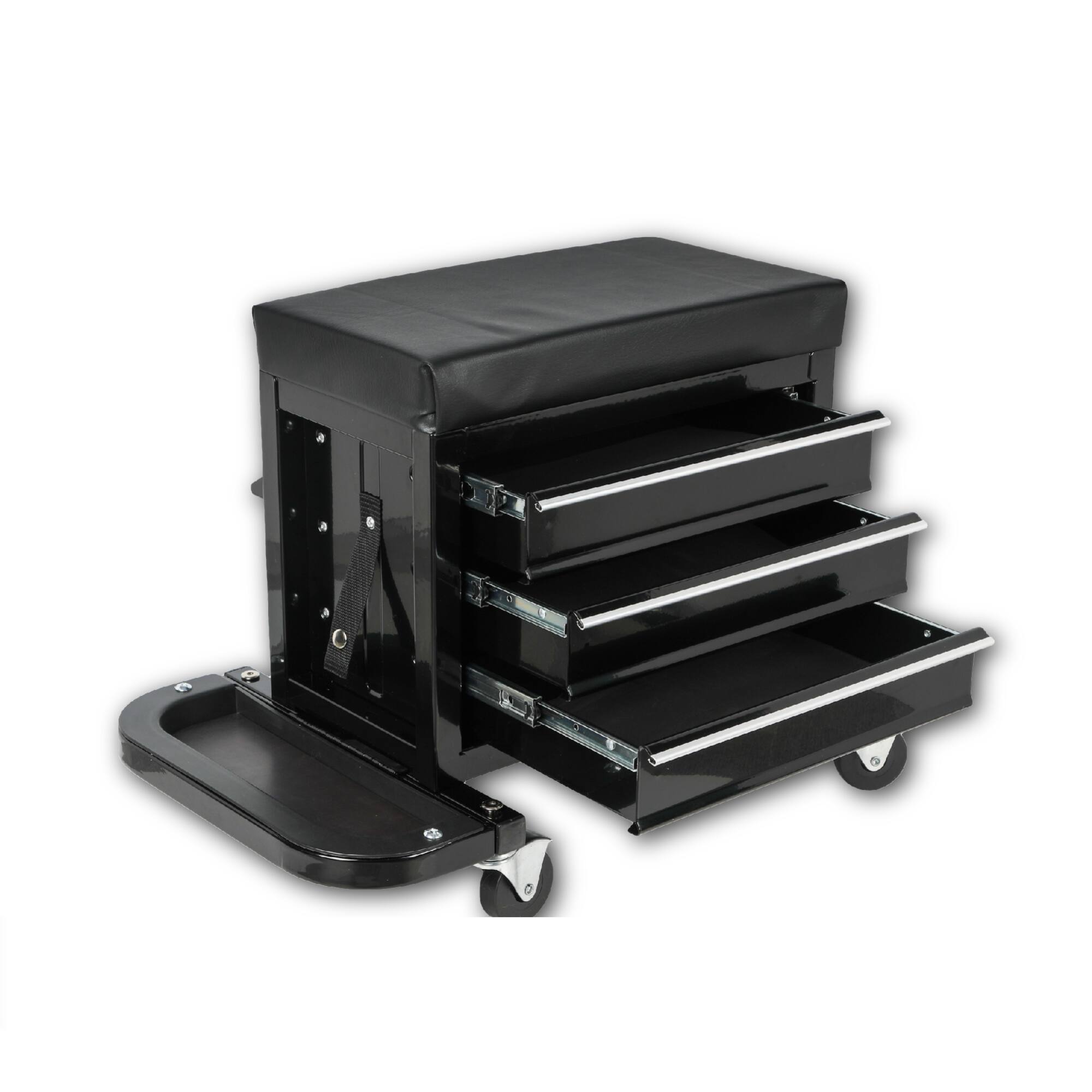 Front. ELEMENT ACE - 3-Drawer Rolling Mechanic Tool Chest Seat with Foldable Side Trays and Swivel Casters, 350lbs Capacity - Black.