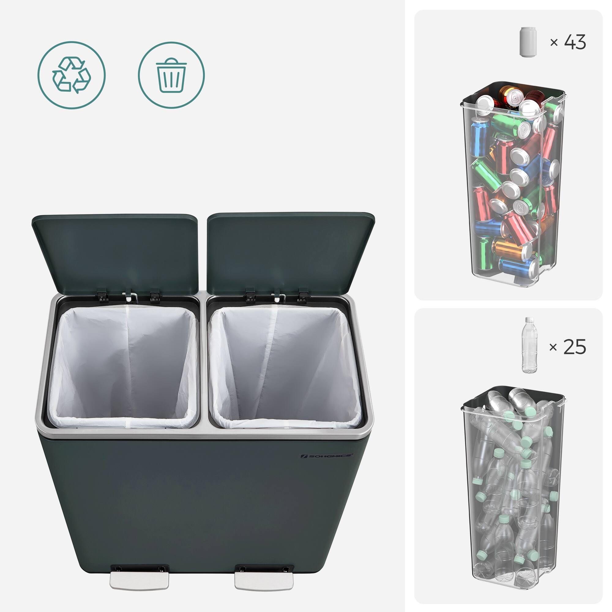 Alt View 2. Songmics Home - Trash Can, 2 x 8 Gallon (2 x 30 L) Garbage Can for Kitchen, with 15 Trash Bags, 2 Compartments - Greenish-Gray.