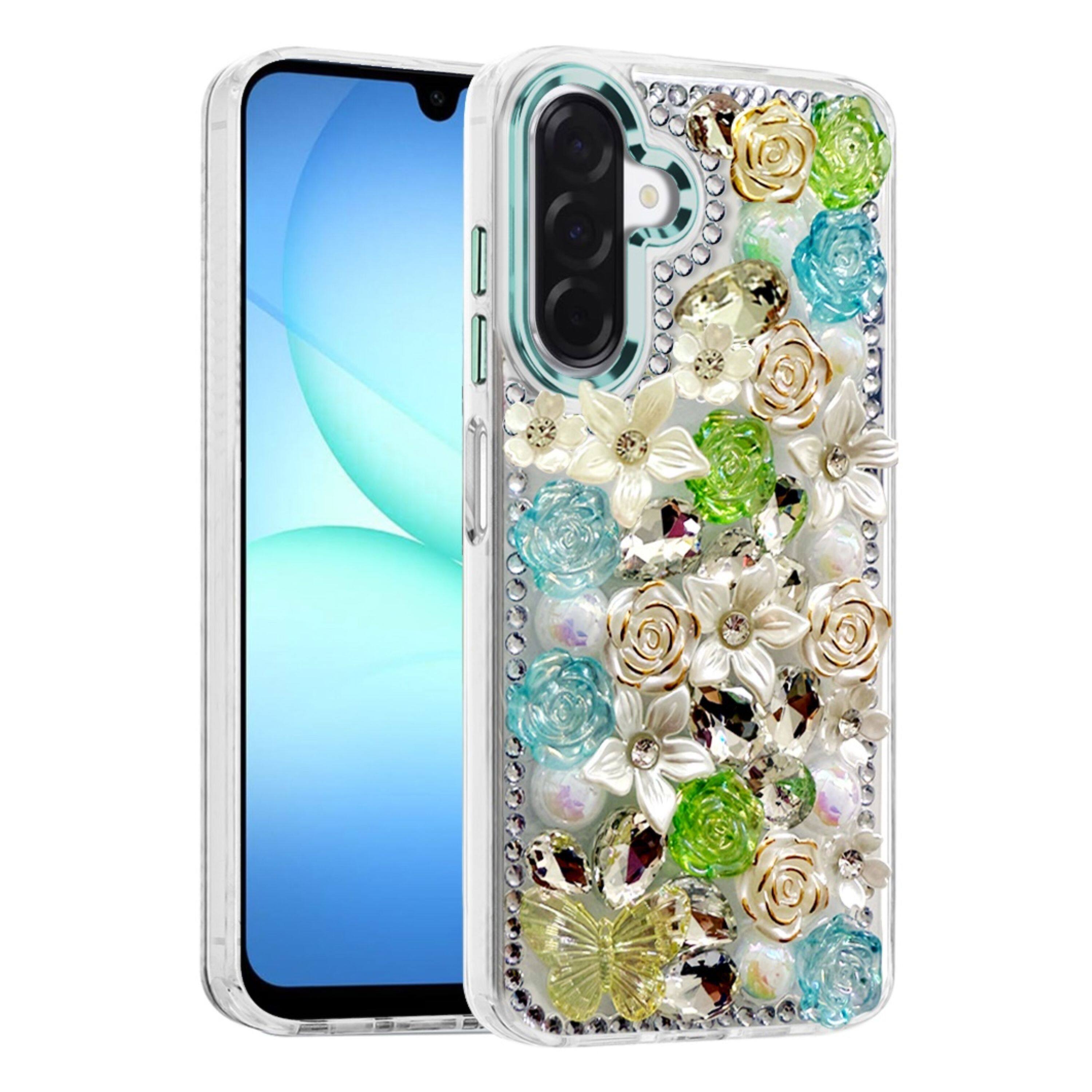 Front. Kitcheniva - Floral Arrangement 3D Bling Design Phone Case With Tempered Glass For Samsung Galaxy A17 5G Green - Green.