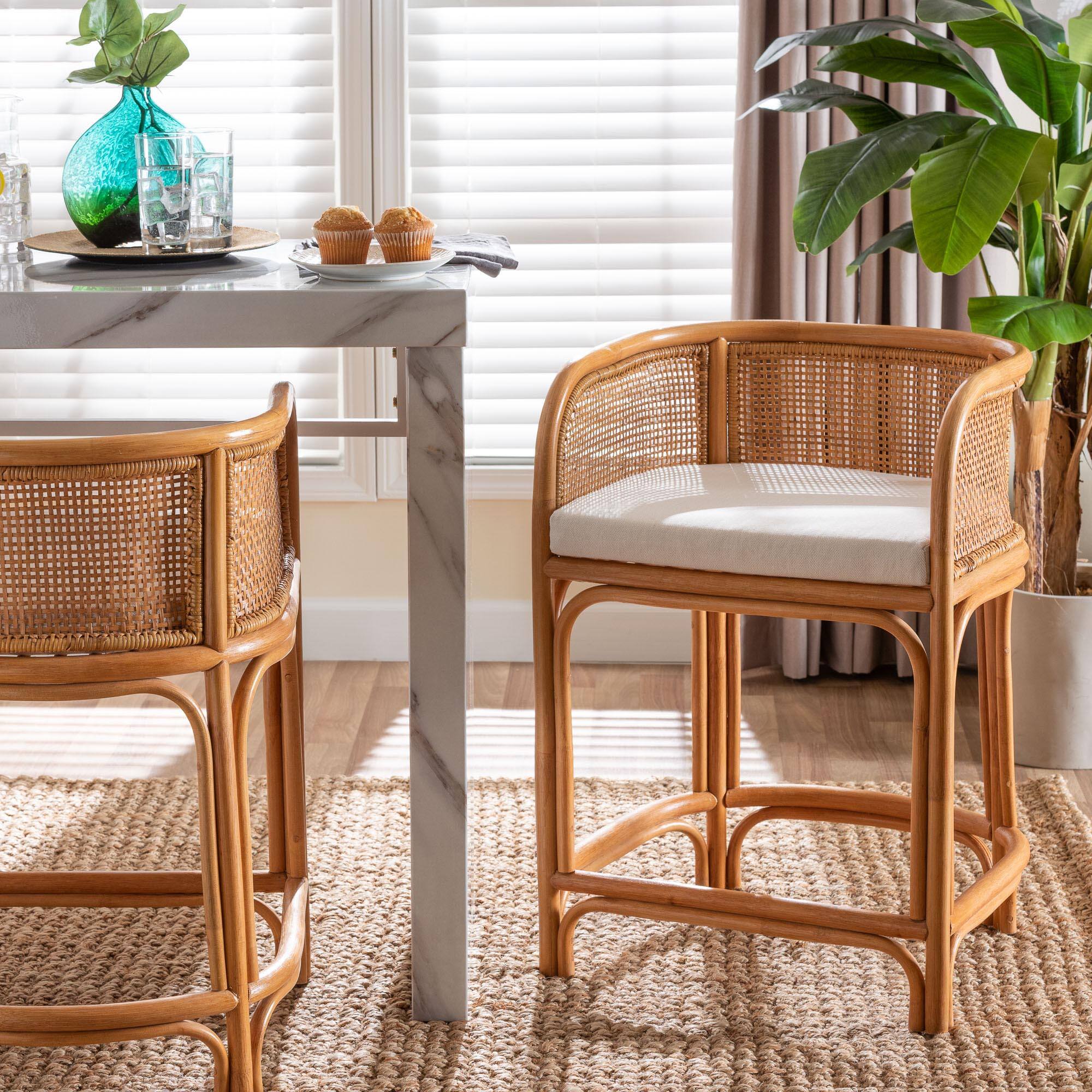 Alt View 4. bali & pari - Aria Natural Rattan Counter Stool with Backrest and Removable Cushion - Handwoven Cane Counter Height Seating - Light Honey.