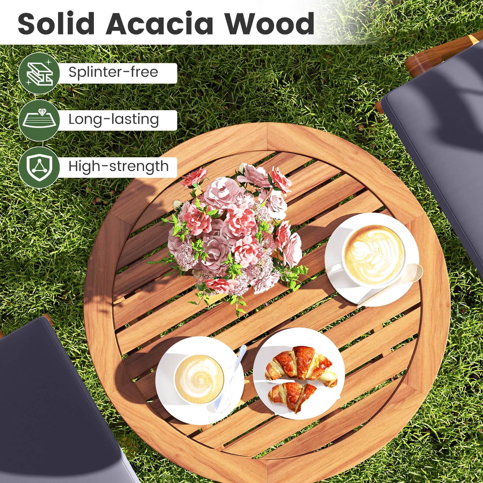 The text on the image reads "Solid Acacia Wood + Splinter-free Long-lasting High-strength".