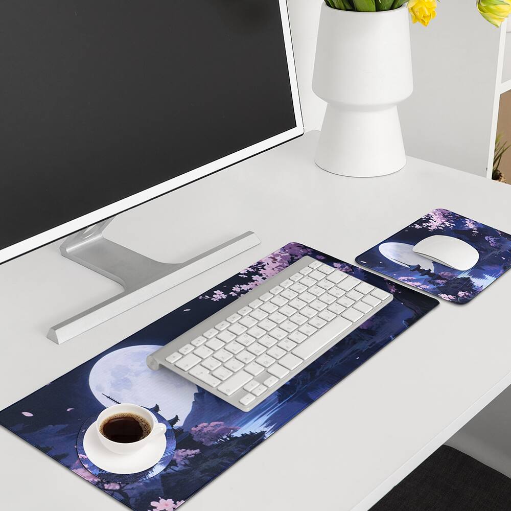 Alt View 1. Oumilen - Japanese Moonlit Pagoda Gaming Mouse Pad,35.4"×15.8" Oversized Extended Desk Mat with Non-Slip Base - Black.
