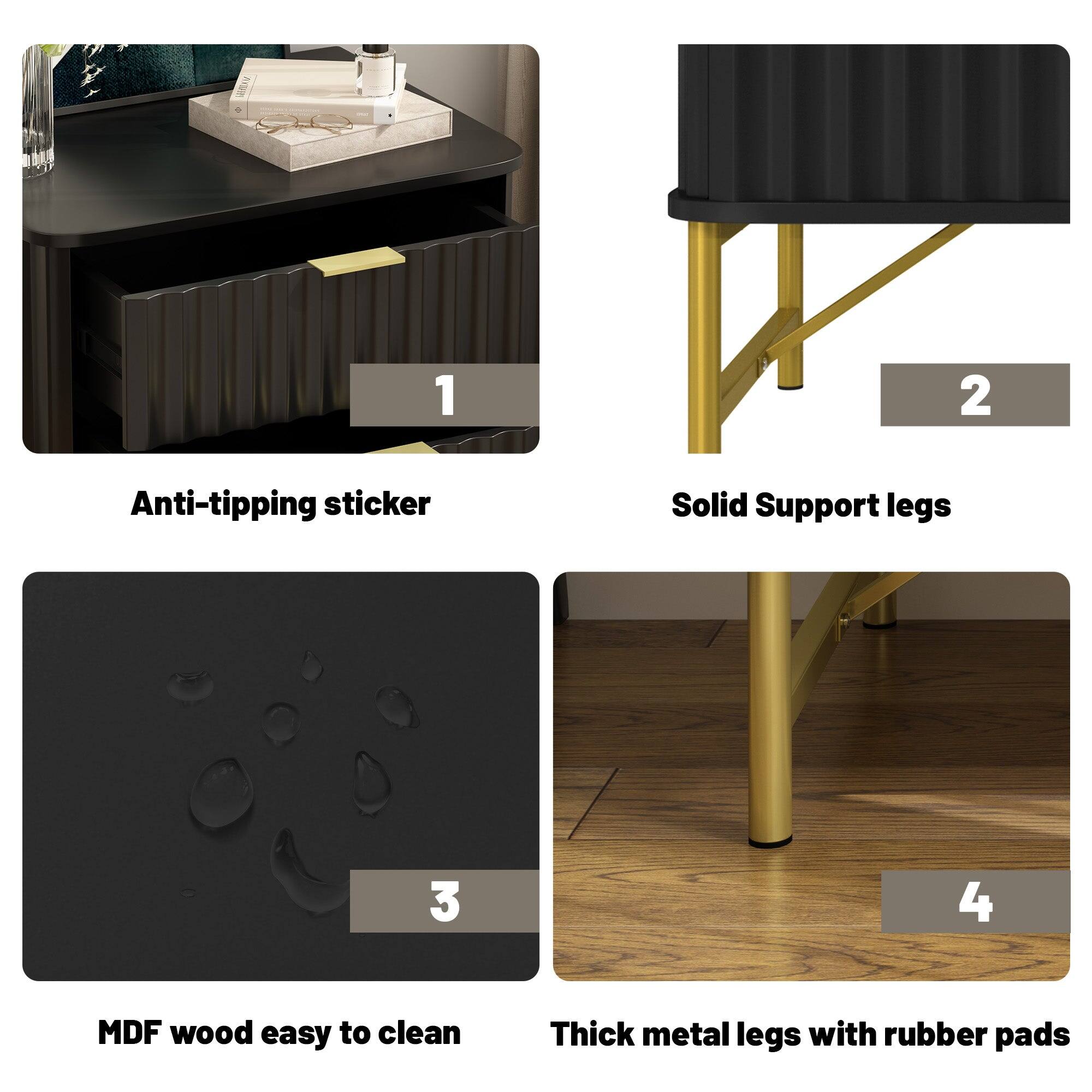 1. Anti-tipping sticker  
2. Solid Support legs  
3. MDF wood easy to clean  
4. Thick metal legs with rubber pads