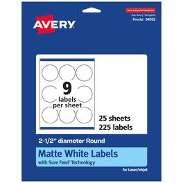 Avery - Matte Round Labels, 2.5" diameter, 225 Labels - White