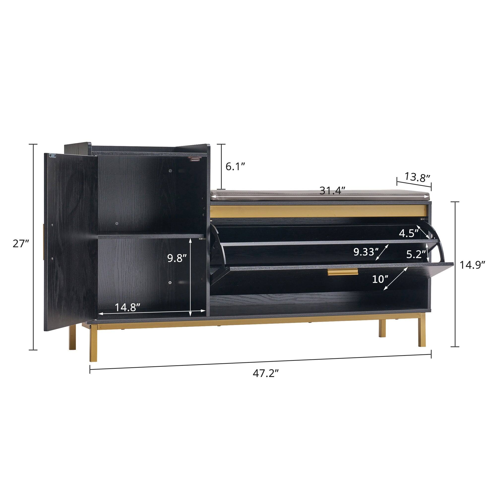 Sure, here is the corrected and grouped text from the image:

- Width: 47.2"
- Height: 27"
- Depth: 14.8"
- Top shelf: 31.4" wide, 13.8" deep
- Middle shelf: 31.4" wide, 9.8" deep
- Bottom shelf: 31.4" wide, 9.33" deep
- Drawer: 14.9" wide, 10" deep, 5.2" high
- Side panel: 6.1" wide, 4.5" deep
