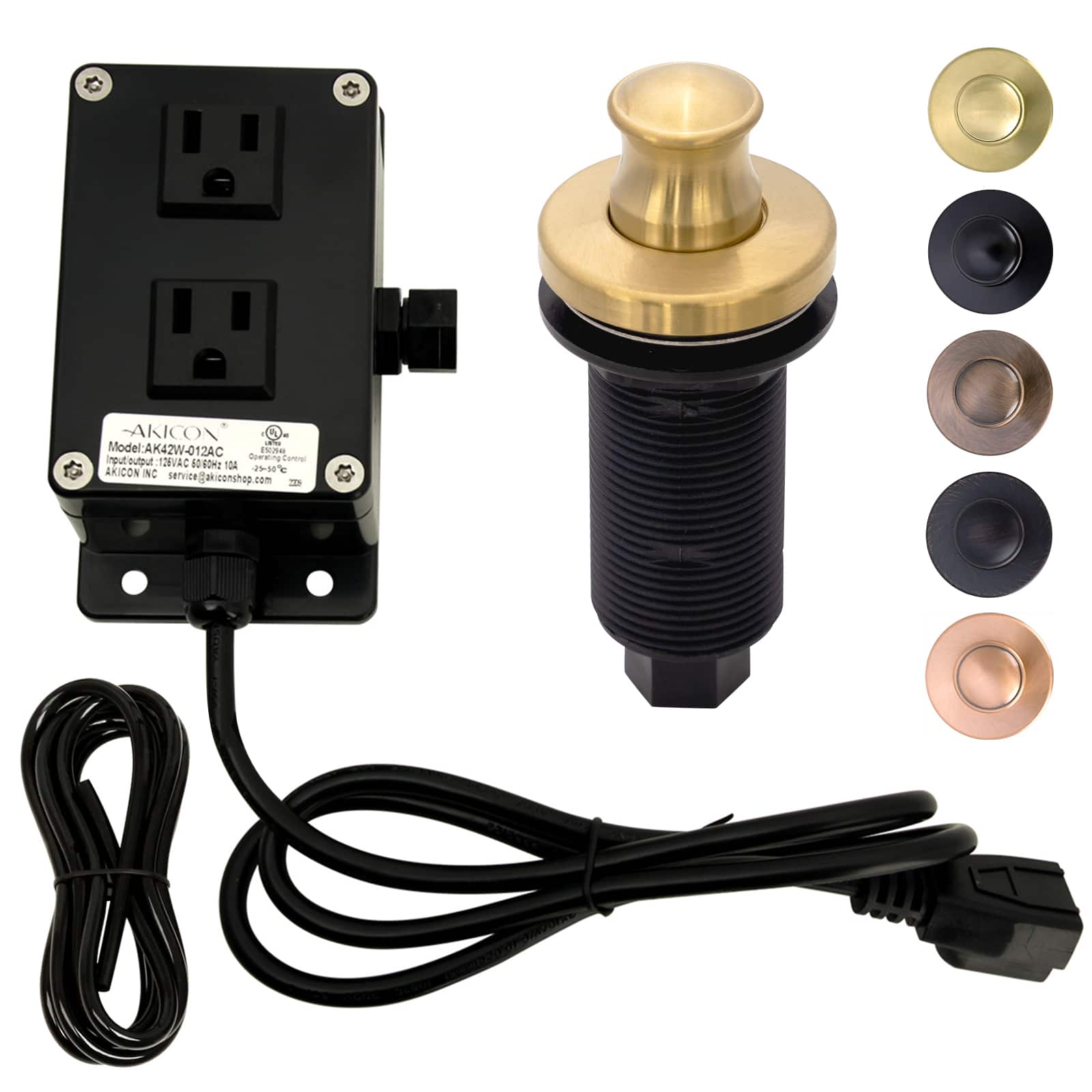 Akicon - Brass Garbage Disposal Air Switch Kit with Dual Outlet Sink Top On/Off Push Button - Brushed Gold