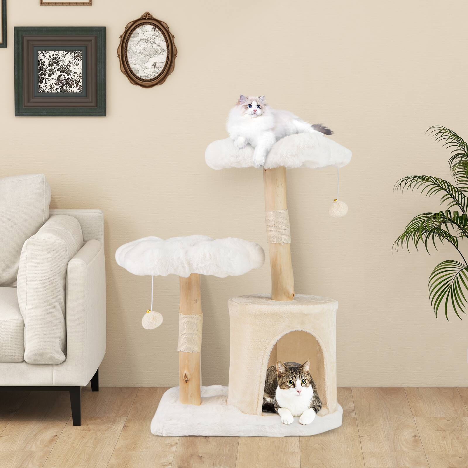 Alt View 3. Costway - Costway 32 inch Cute Wood Cat Tree w/ Scratching Posts Pet Condo Furniture Activity Center - White,Beige.