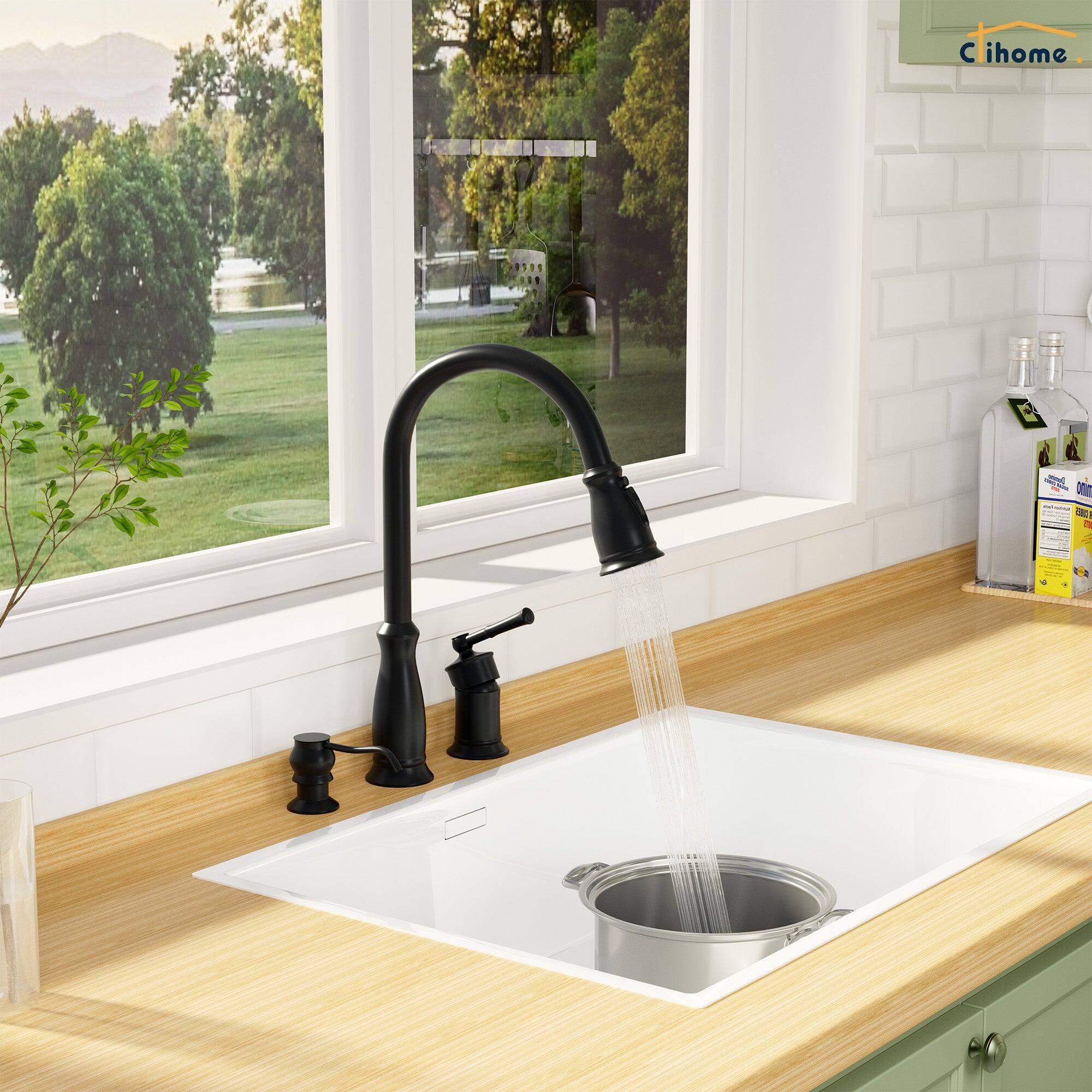 Alt View 4. Boyel Living - 3-Spray Patterns Single Handle 1.8 GPM Pull Down Sprayer Kitchen Faucet with Soap Dispenser in Matte Black - Matte Black.