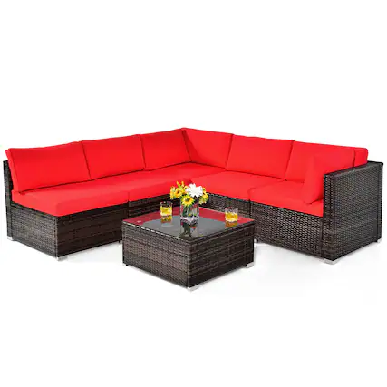 Front. Costway - 6PCS Patio Rattan Furniture Set Cushioned Sofa Coffee Table - Red.