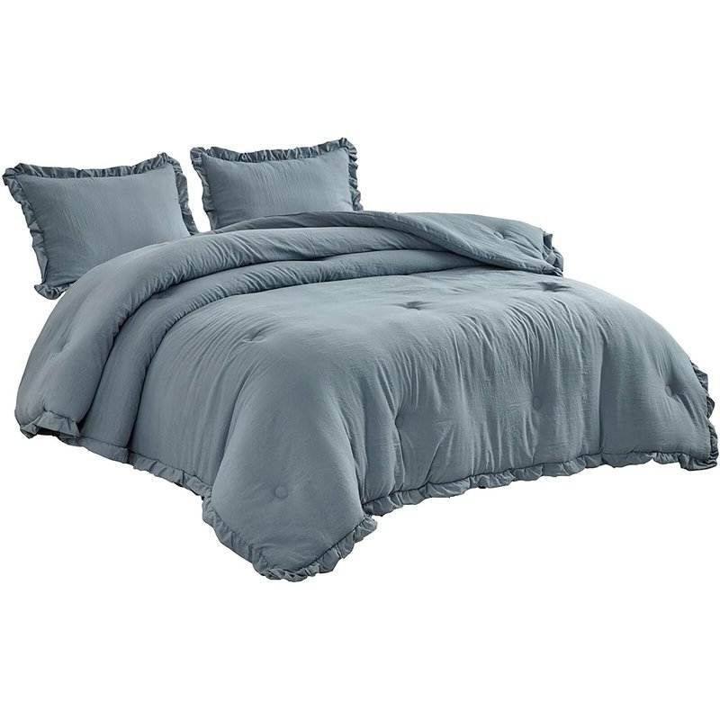 Front. Hivvago - King Oversized Blue Ruffled Edge Microfiber Comforter Set - Blue.
