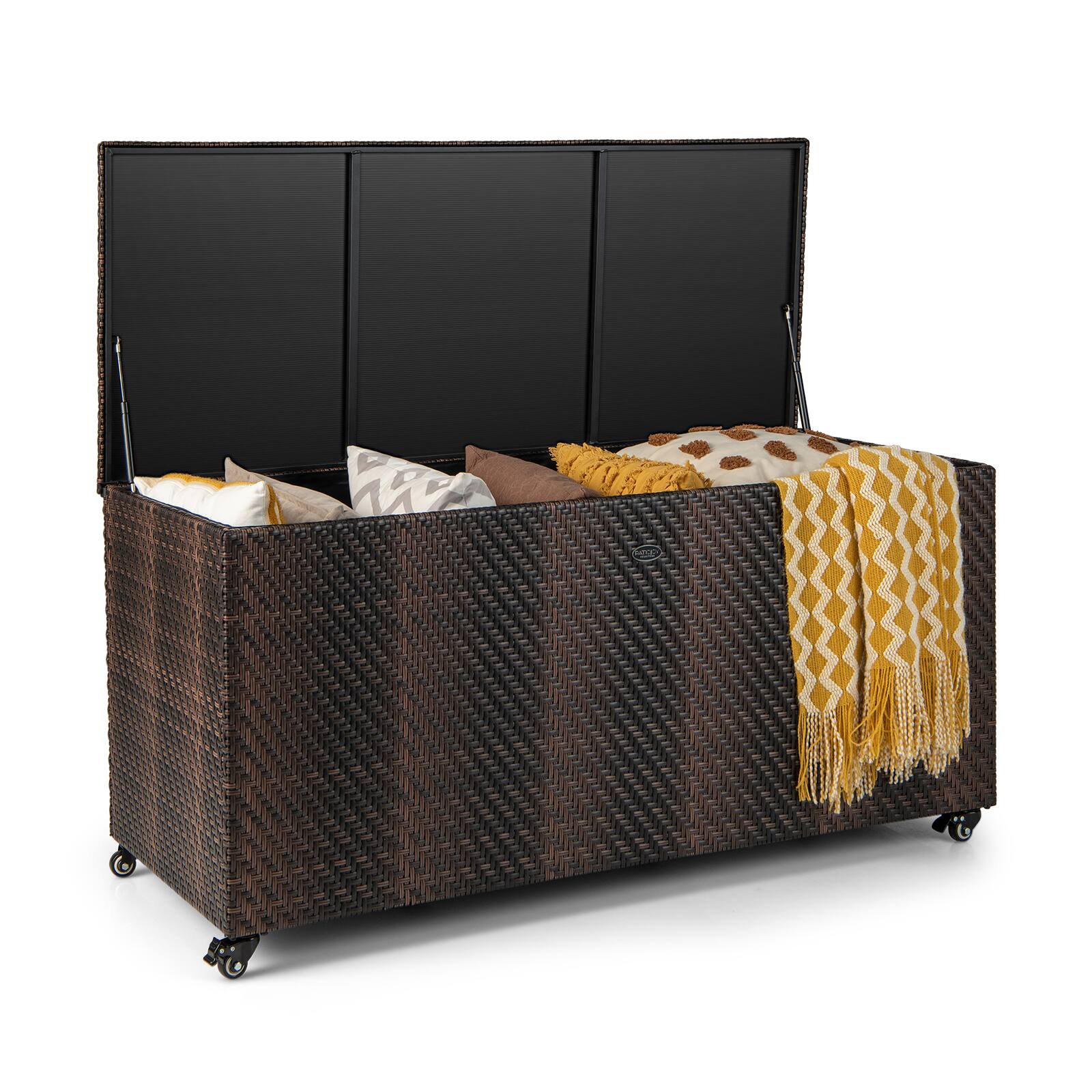 Front. WELLFOR - 96 Gallon PE Wicker Outdoor Storage Box with 4 Wheels - Brown.