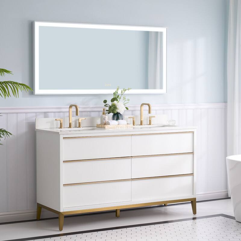 Left. WELLFOR - 60 in Freestanding Solid Wood Bathroom Vanity with Carrara White Quartz Vanity Top & 6 Soft-Close Drawers and Backsplash - White.