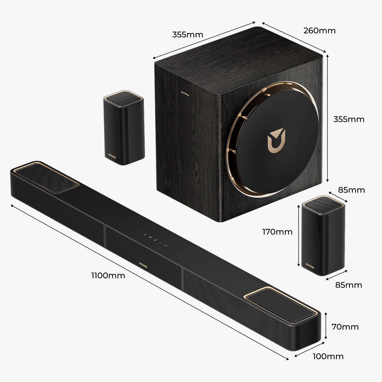 355mm x 260mm x 355mm x 85mm  
170mm x 85mm x 70mm x 100mm  
1100mm