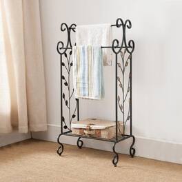 Kings Brand Furniture - Metal with Gold Leaf Free Towel Rack Stand with Shelf - Black