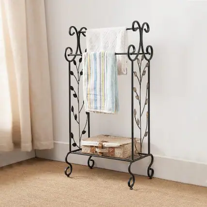 Front. Kings Brand Furniture - Kings Brand Furniture Black Metal with Gold Leaf Free Towel Rack Stand with Shelf - Black.
