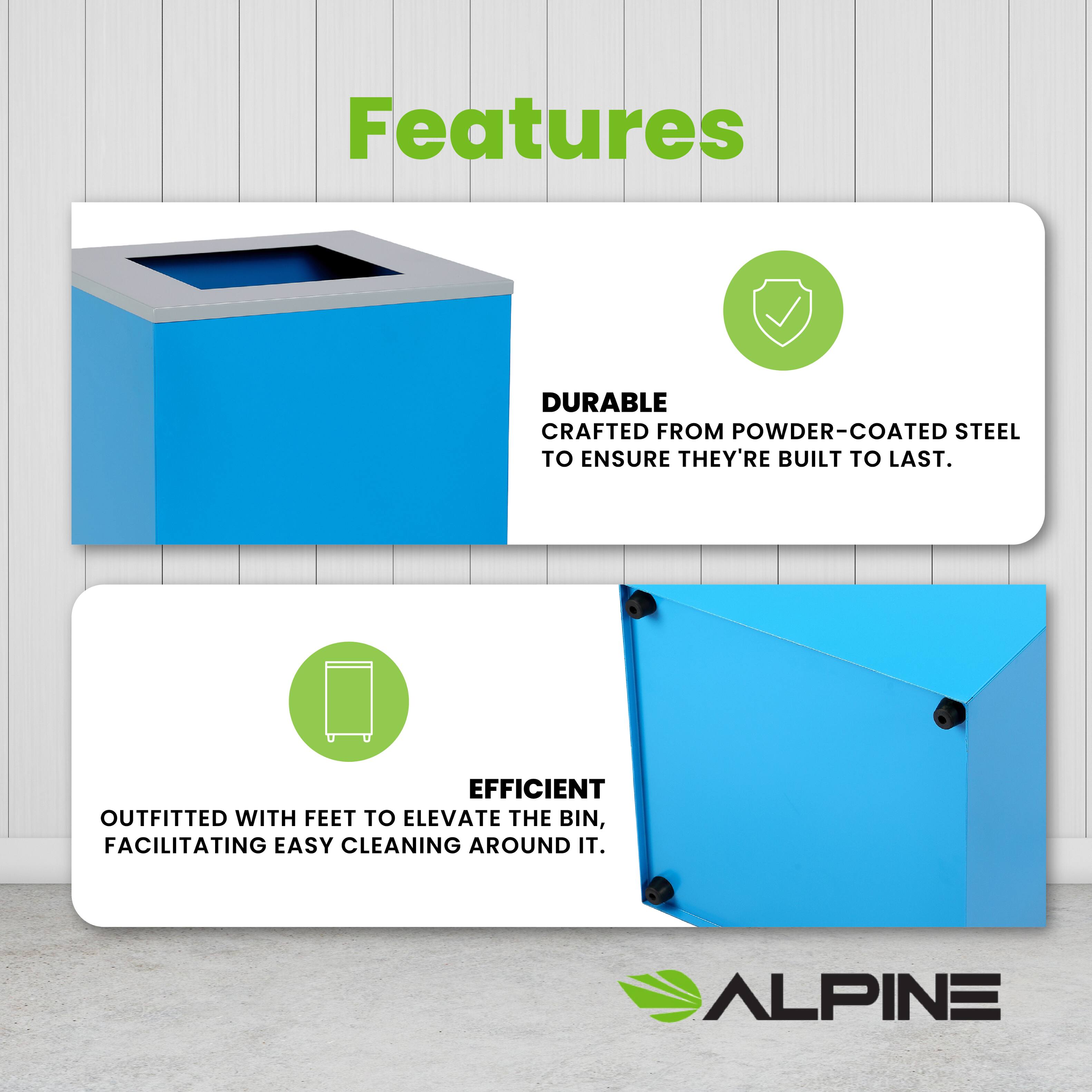 Features

DURABLE
CRAFTED FROM POWDER-COATED STEEL TO ENSURE THEY'RE BUILT TO LAST.

EFFICIENT
OUTFITTED WITH FEET TO ELEVATE THE BIN, FACILITATING EASY CLEANING AROUND IT.

ALPINE
