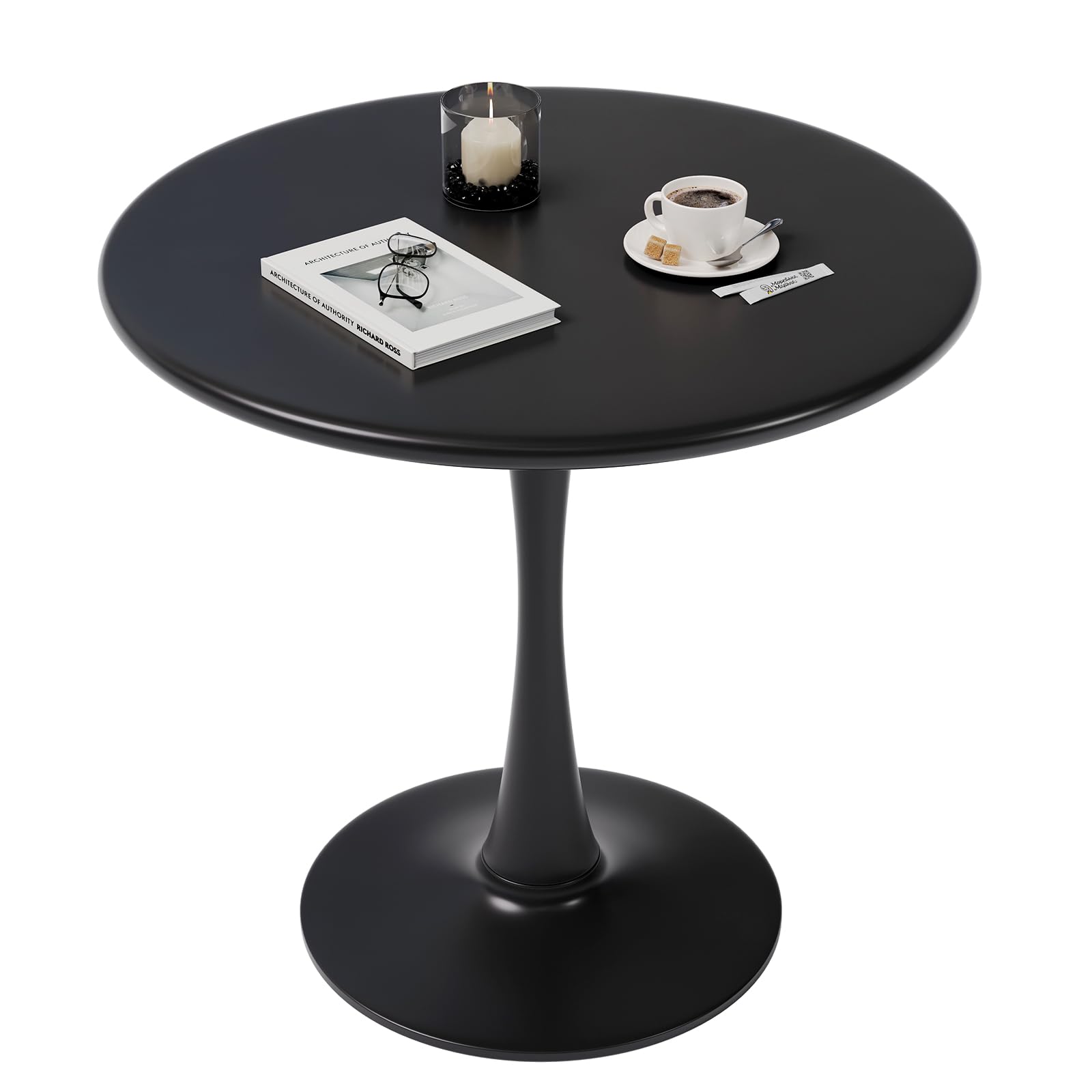 Front. MAGICAL RUBS - Black Small Tulip Table  24 Inch Round Dining For 2 Person With Pedestal Base Kitchen Circle Bistro Mid Century - Black 24 inch.