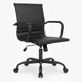 LeisureMod - Harris Mid Back Leather Office Chair, Adjustable Height, Tilt, Stainless Steel, 360° Swivel Chair for Home Office - Black