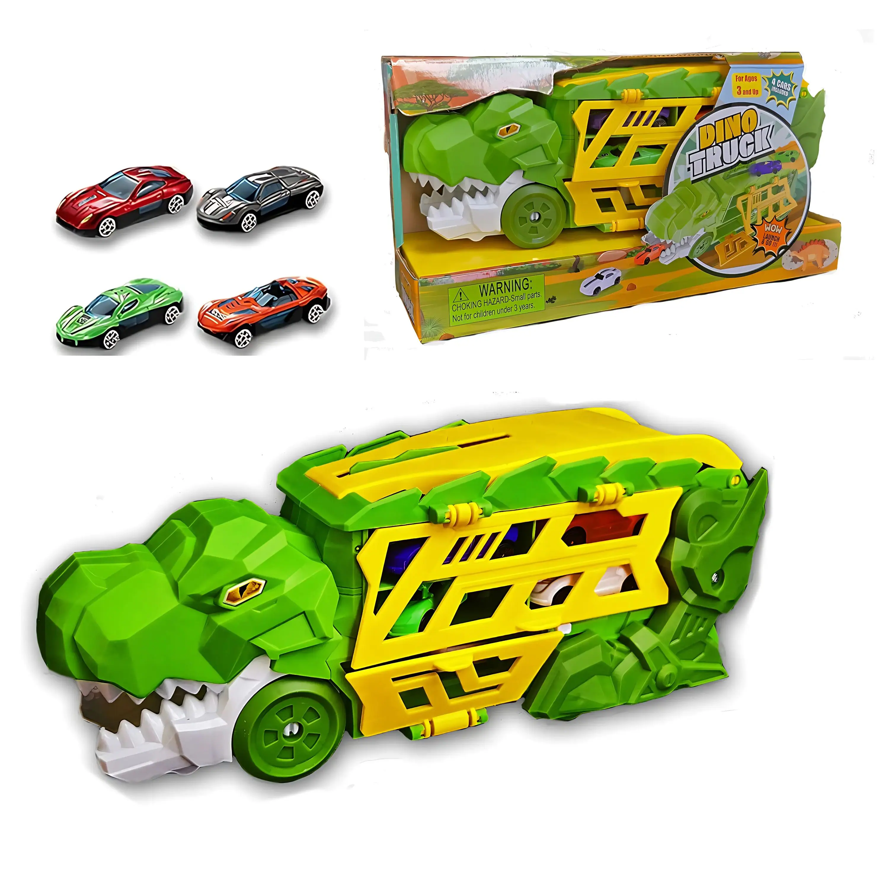 Kitcheniva - Kids Dinosaur Car Carrier Toy With 4 Vehicles - Green