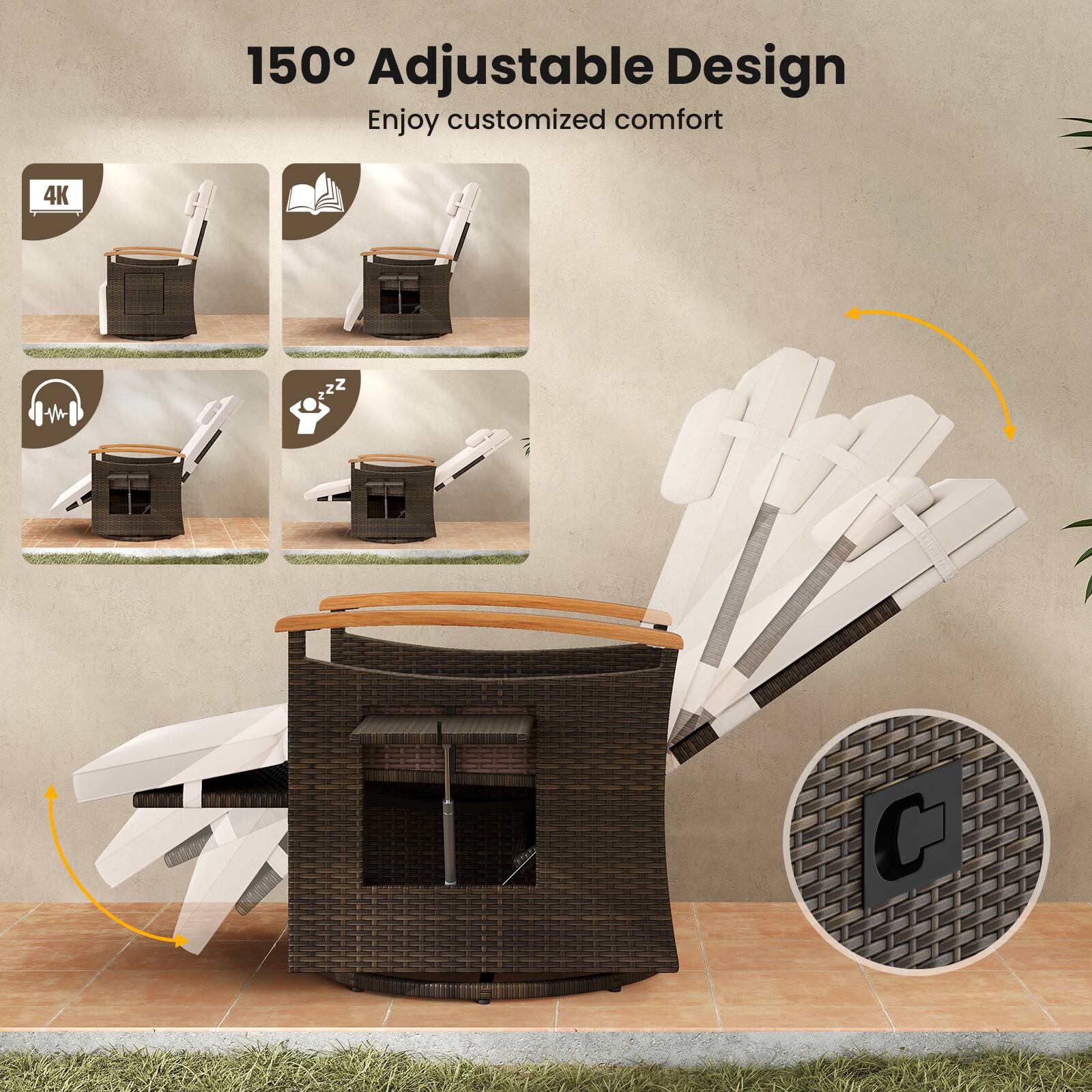 150° Adjustable Design  
Enjoy customized comfort  

4K  
Book  
Headphones  
ZZZ