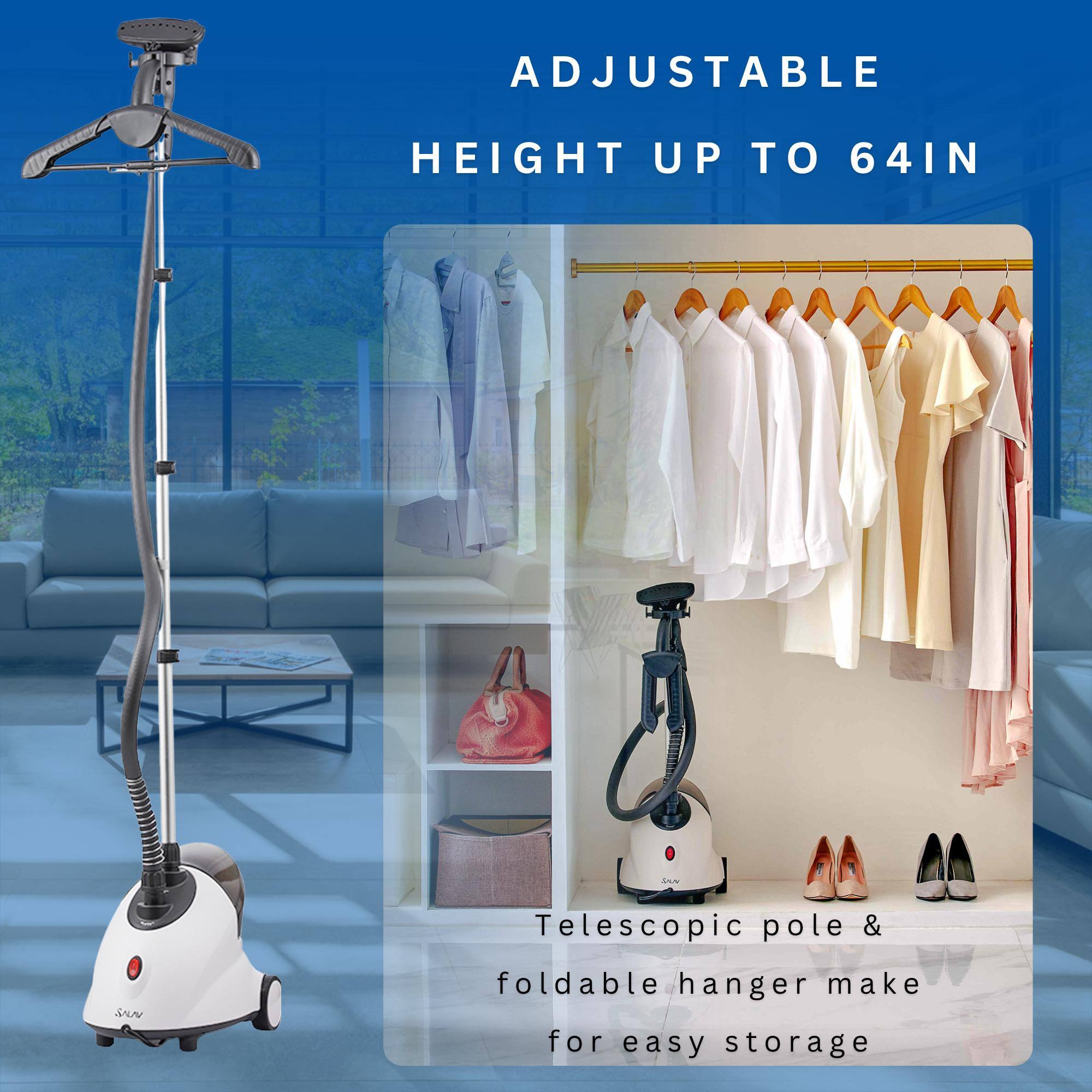 Adjustable height up to 64 inches. The telescopic pole and foldable hanger make for easy storage.