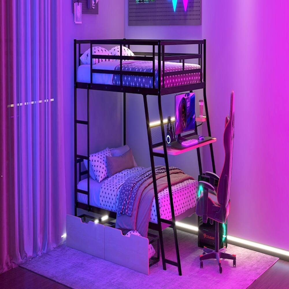 Alt View 4. Loheer - Loheer Full Size Metal Bunk Bed with Built-in Desk, Light and 2 Drawers, Black - Black.