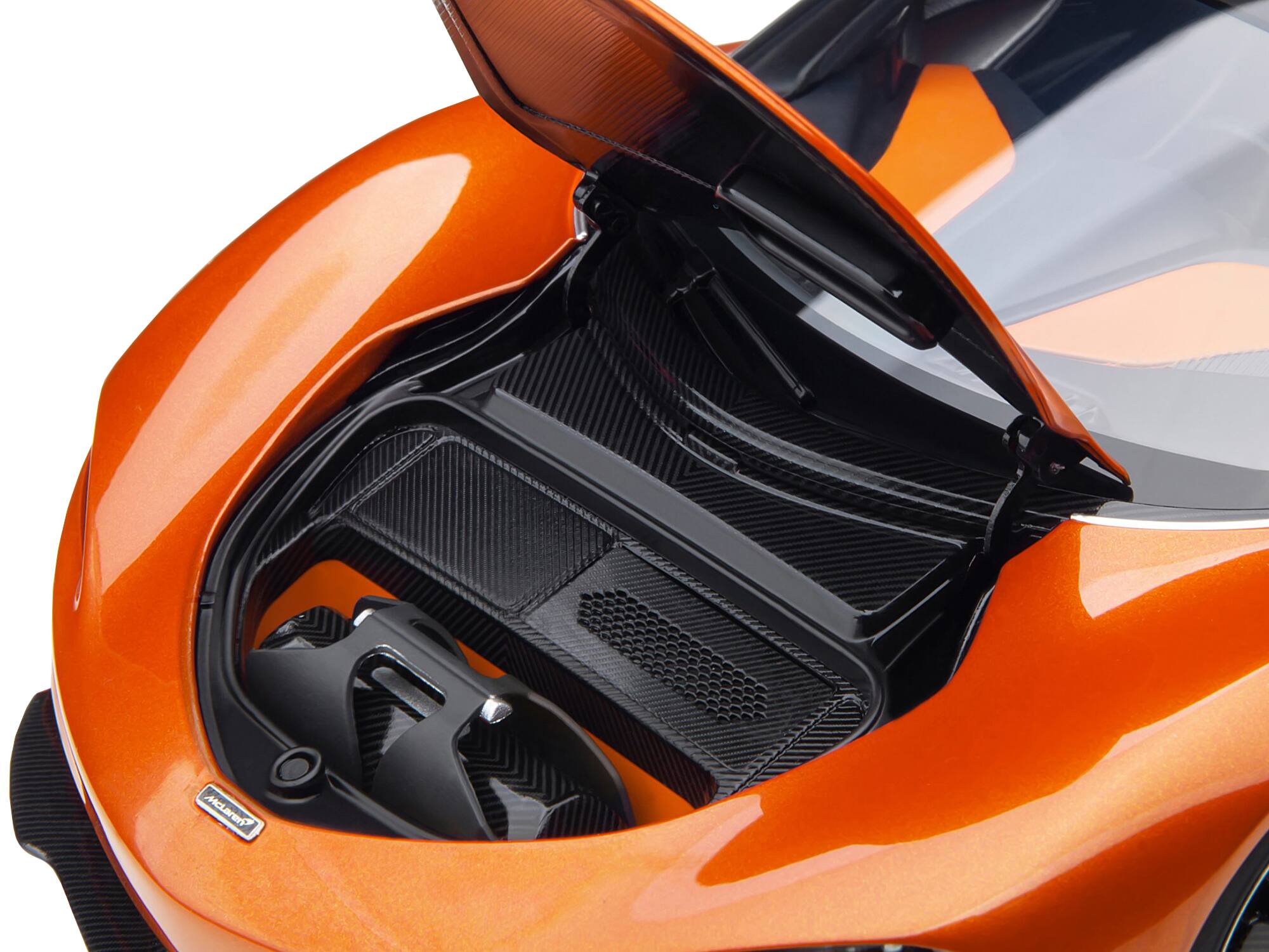 Left. Autoart - McLaren Speedtail Volcano Orange Metallic with Black Top and Suitcase Accessories 1/18 Model Car by Autoart - Volcano Orange Metallic With Black.