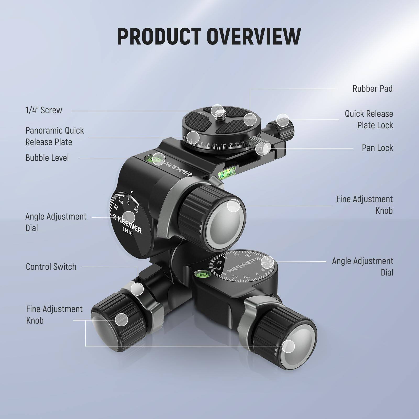 PRODUCT OVERVIEW

- 1/4" Screw
- Panoramic Quick Release Plate
- Bubble Level
- Rubber Pad
- Quick Release Plate Lock
- Pan Lock
- Angle Adjustment Dial
- Fine Adjustment Knob
- Control Switch
- Fine Adjustment Knob