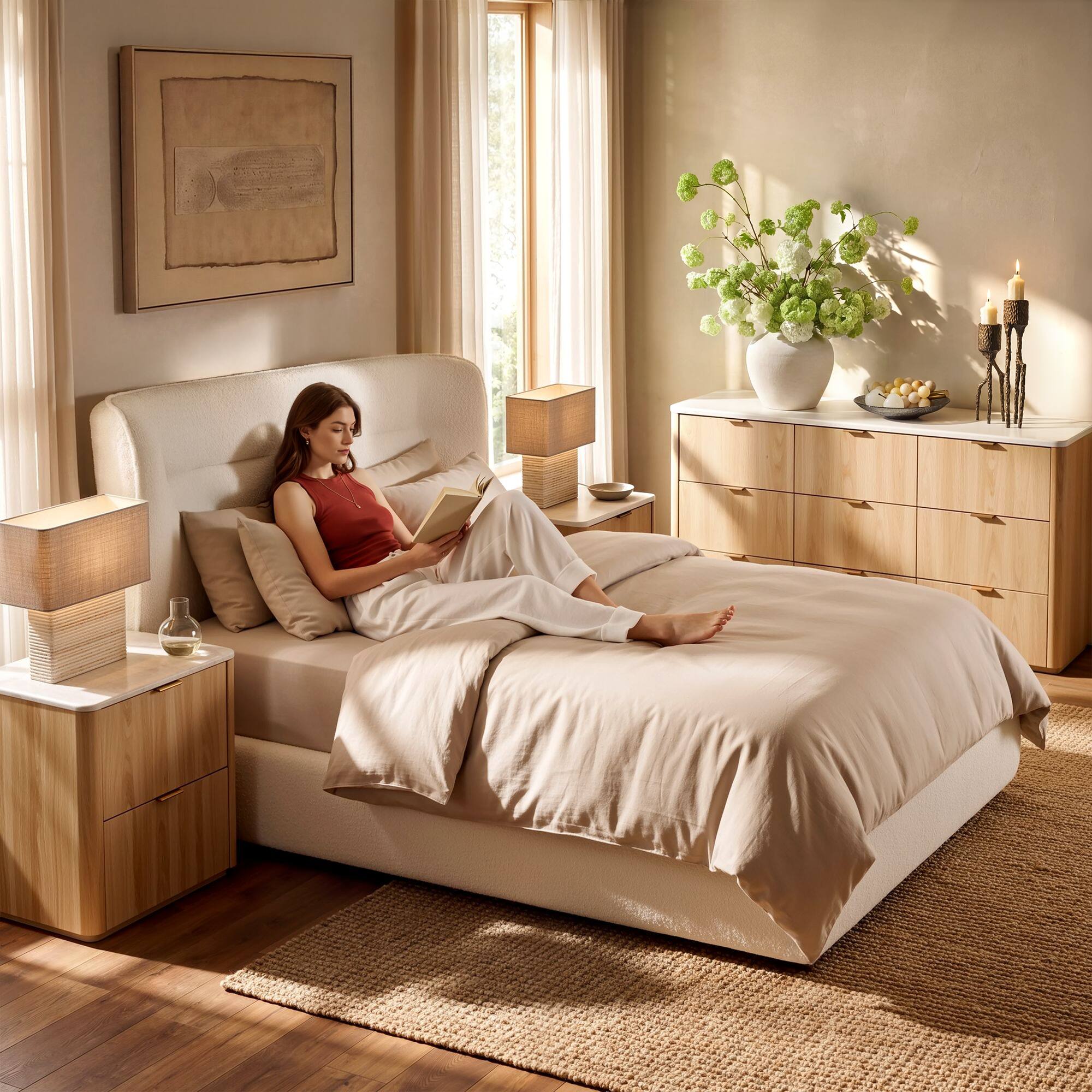 Angle. ModernMate - Upholstered Bed with High Headboard and Footboard Solid Wood Base Platform Beds - Beige.