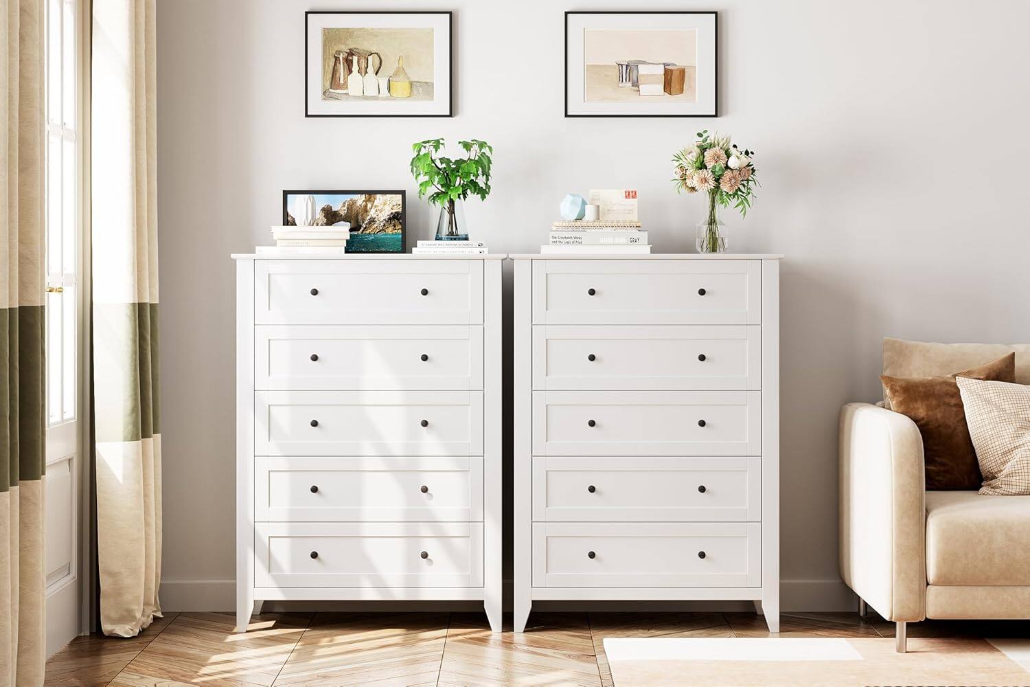 Qeetex - 5 Drawer Tall Dresser for Bedroom, Wooden Chest with Deep Drawers and Metal Knobs for Hallway or Entryway - ‎White