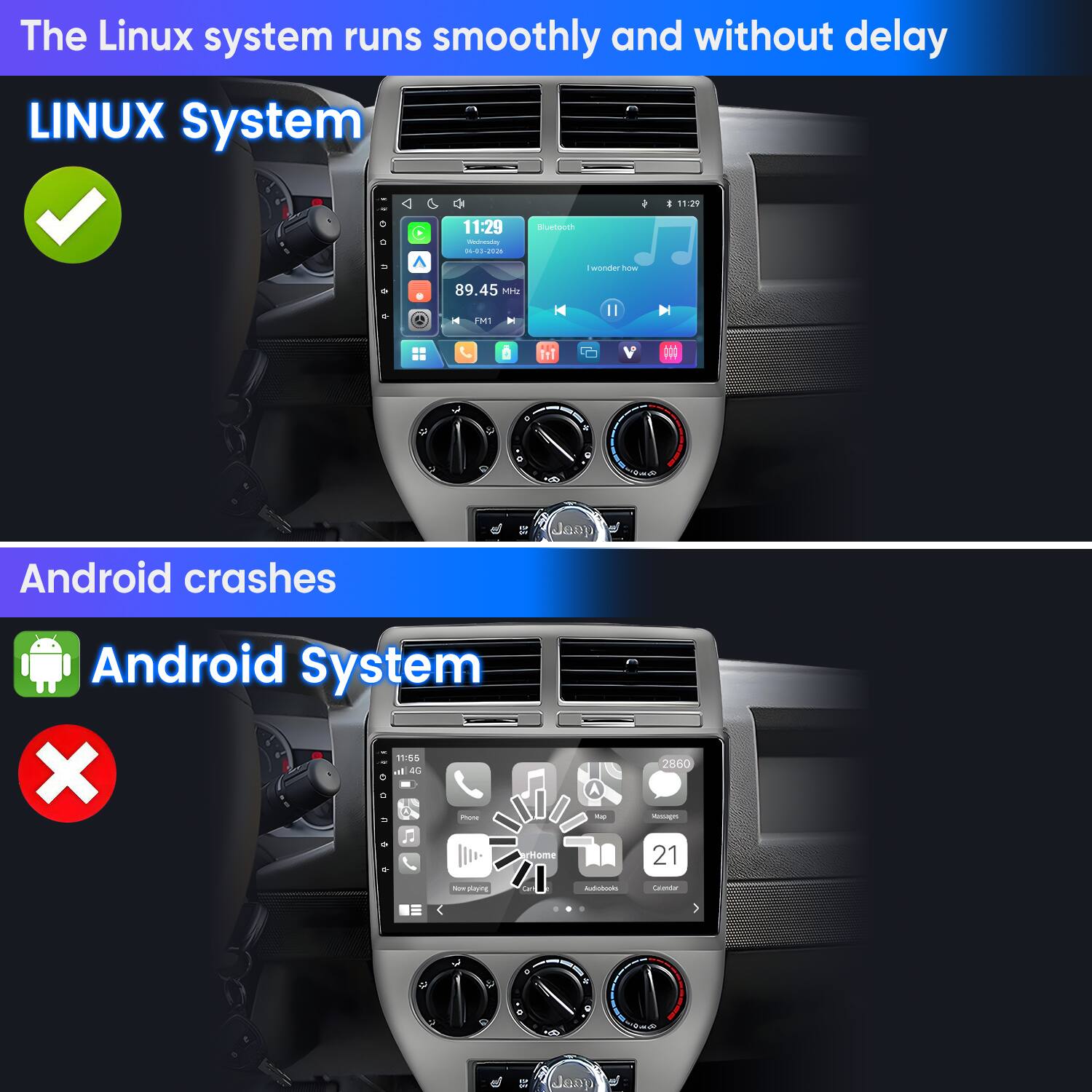 The Linux system runs smoothly and without delay  
LINUX System  
11:29 Wednesday 04-03-2026  
Bluetooth  
89.45 FM1  
I wonder how  
Android crashes  
Android System  
11:55 X all 4G C Phone 5 rHome de  
2860 Messages 21  
New playing  
Cary  
Addichants  
Calender
