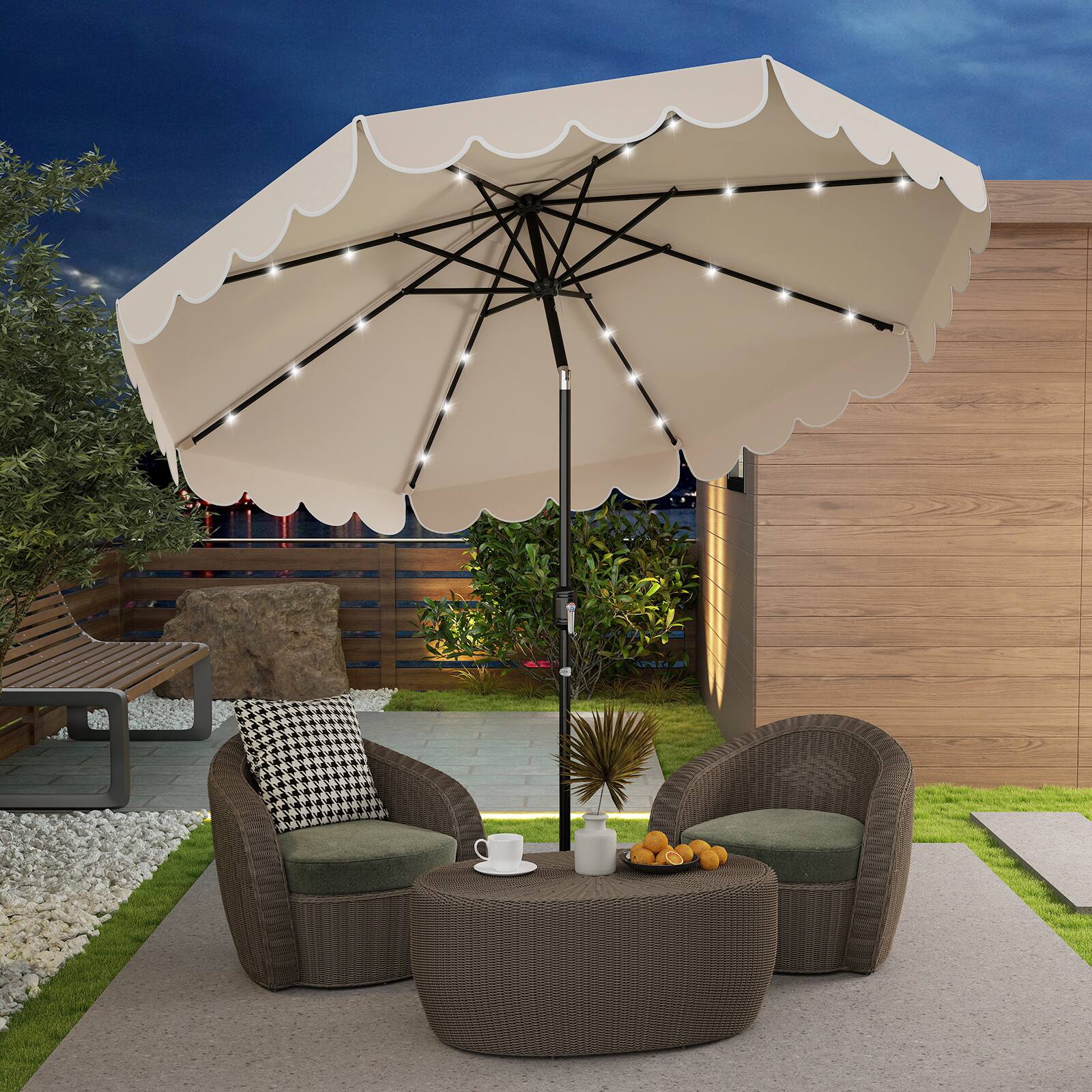 Alt View 3. Gymax - Gymax 9.3 FT Solar Patio Umbrella w/ 32 LED Lights & Vented Top & Ruffles Beige - Beige.