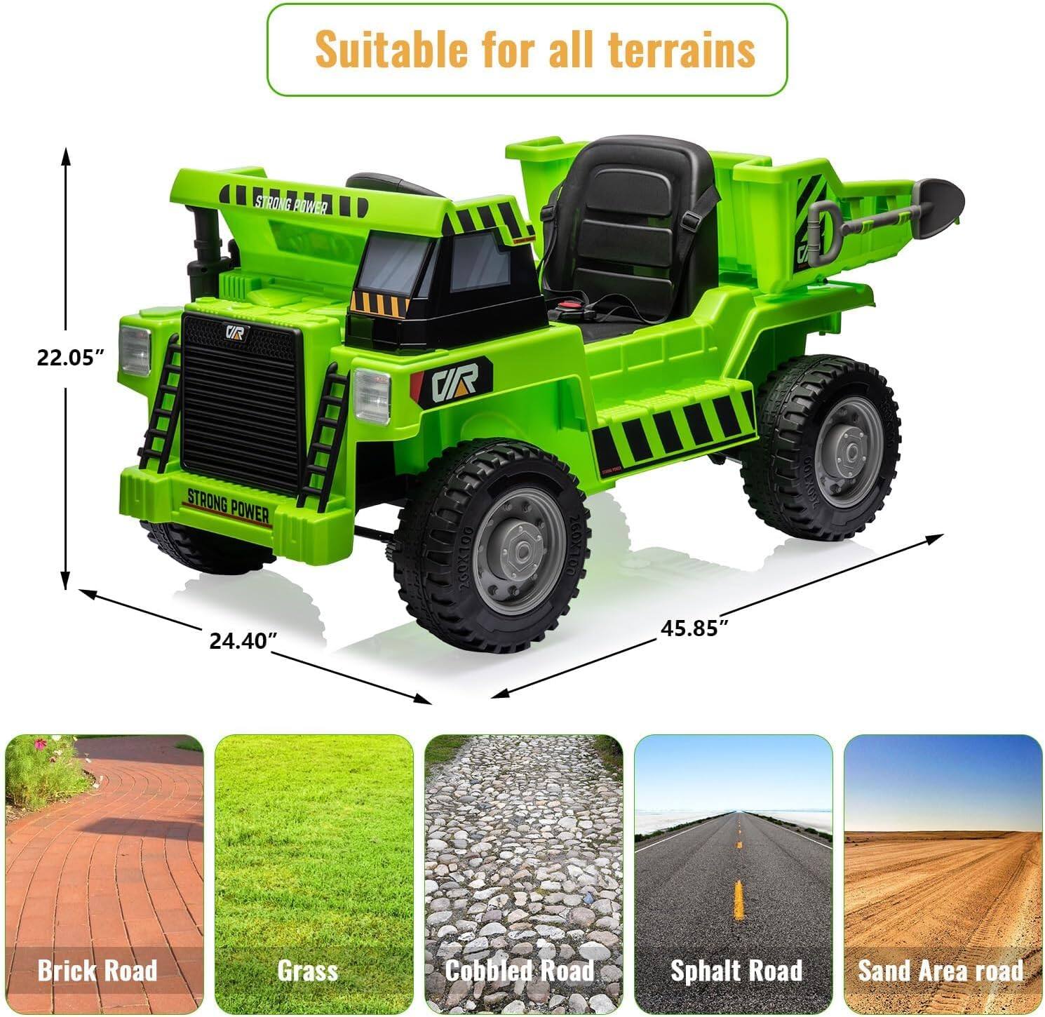 Suitable for all terrains

STROM STRONG POWER

22.05"  
24.40"  
45.85"  

Brick Road  
Grass  
Cobbled Road  
Sphalt Road  
Sand Area road