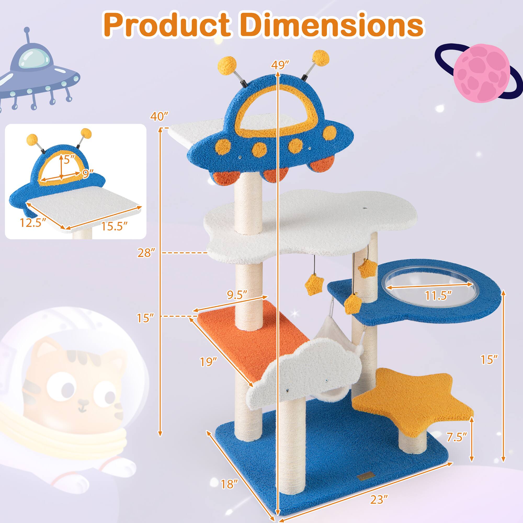 Product Dimensions

- Height: 49"
- Width: 40"
- Depth: 28"
- Top Platform: 12.5" x 15.5"
- Second Level: 9.5" x 15"
- Third Level: 11.5" x 15"
- Bottom Platform: 23" x 18"
- Cat Bed: 7.5" x 11.5"