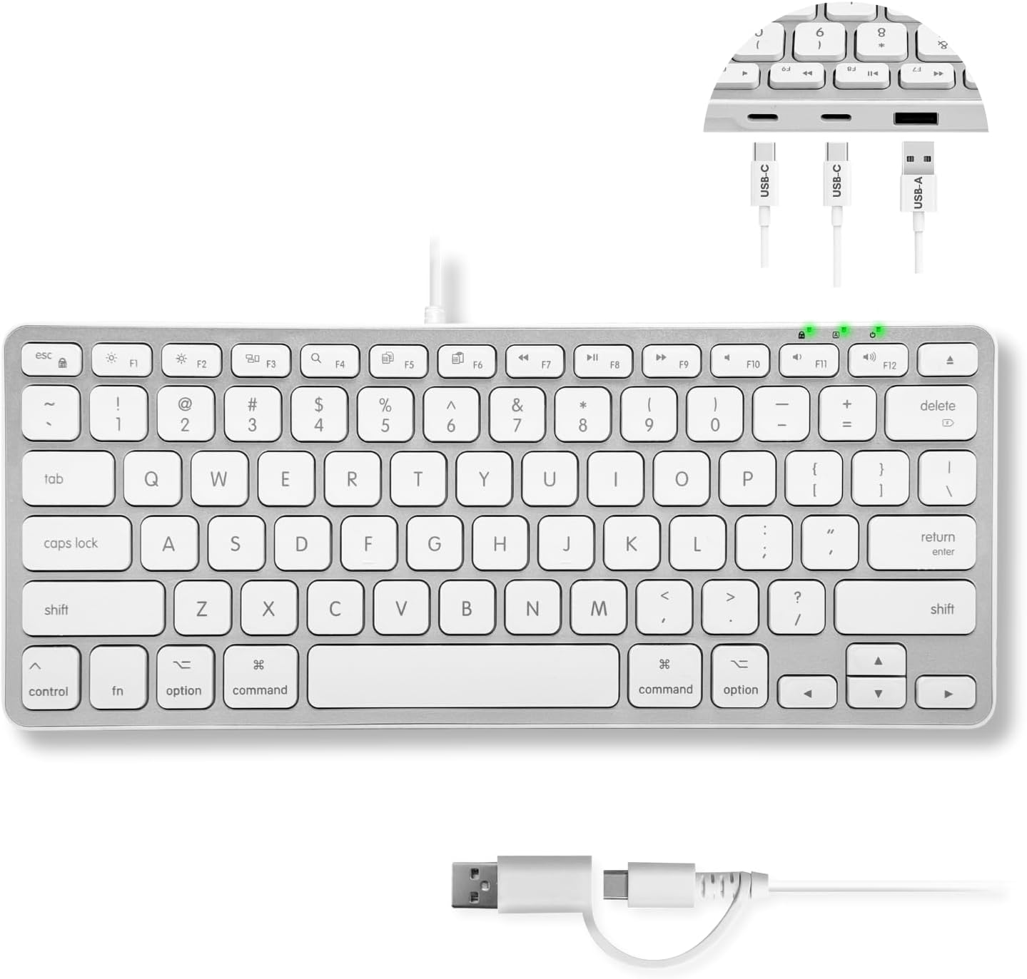 Macally - Wired Keyboard for Mac with USB Hub (2X USBC / 1x USBA) - Small Apple Key Board with 2 in 1 USB - Silver