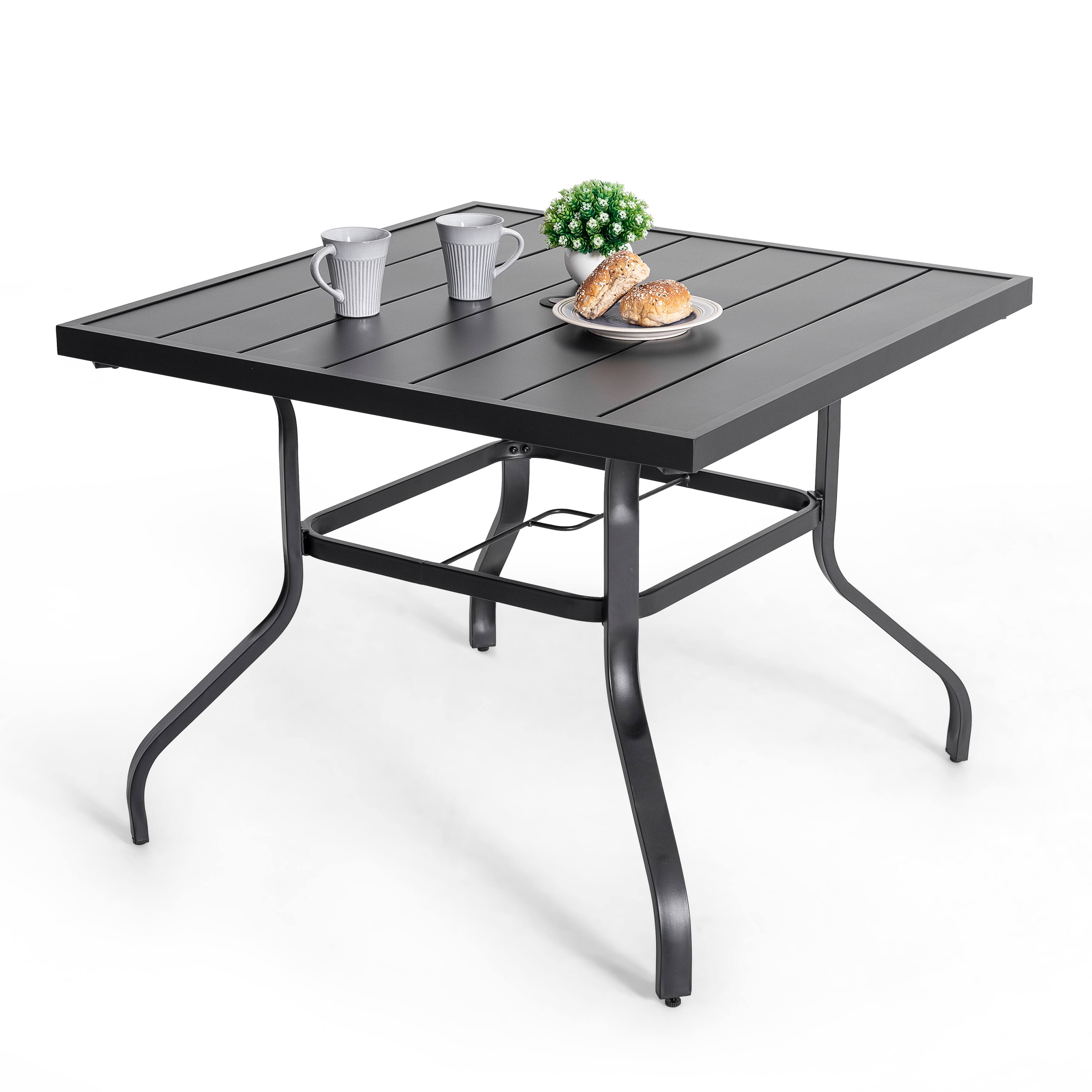 Left. Nuu Garden - 37" Square Outdoor Dining Table, Slatted Iron Tabletop with 1.6" Umbrella Hole - Black.