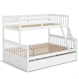 Pefilos - Twin Pull-Out Bunk Beds with Ladder in the Steps and a Trundle, Full Convertible Bunk Bed Platform - White