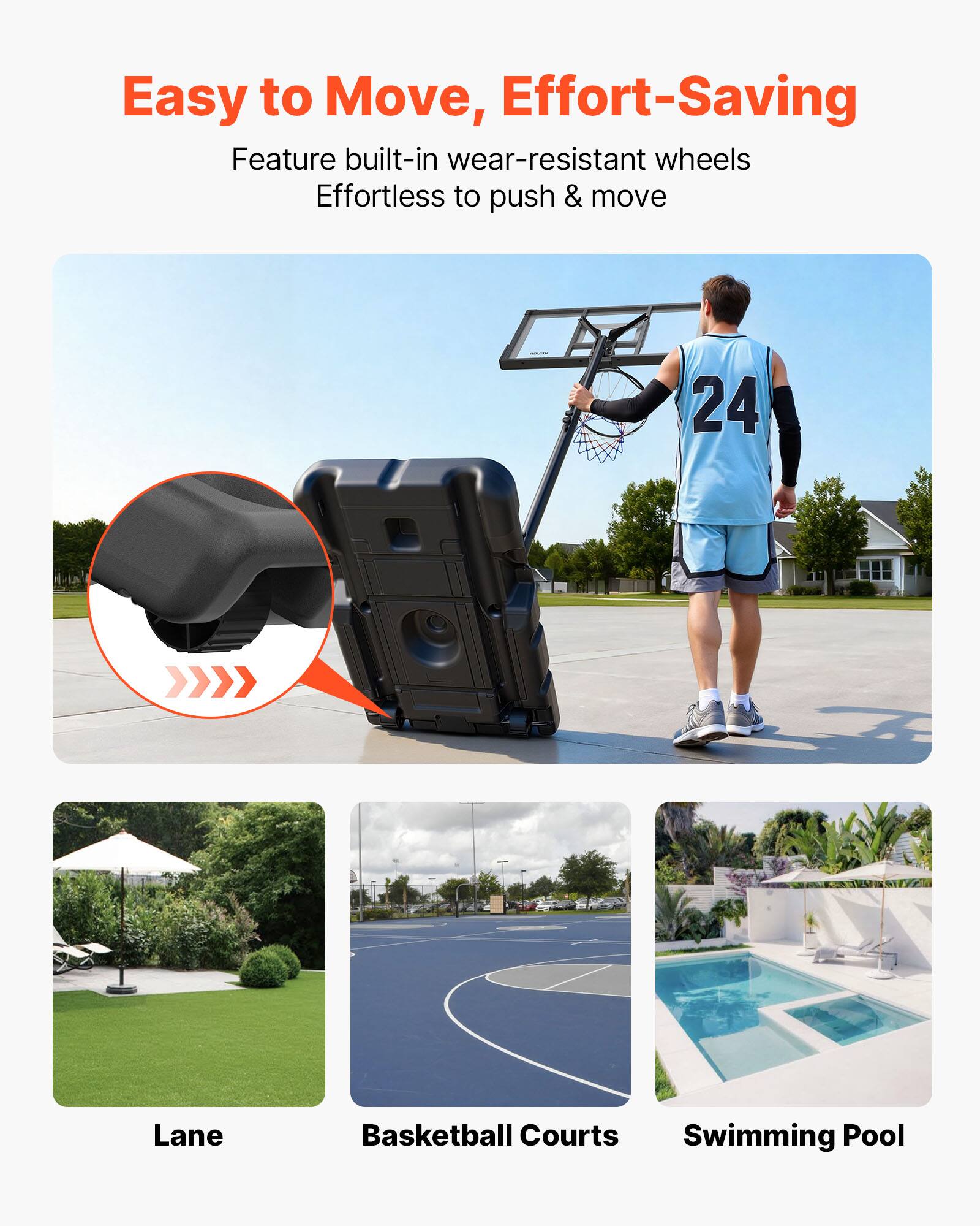 Easy to Move, Effort-Saving  
Feature built-in wear-resistant wheels  
Effortless to push & move  

24 Lane Basketball Courts Swimming Pool