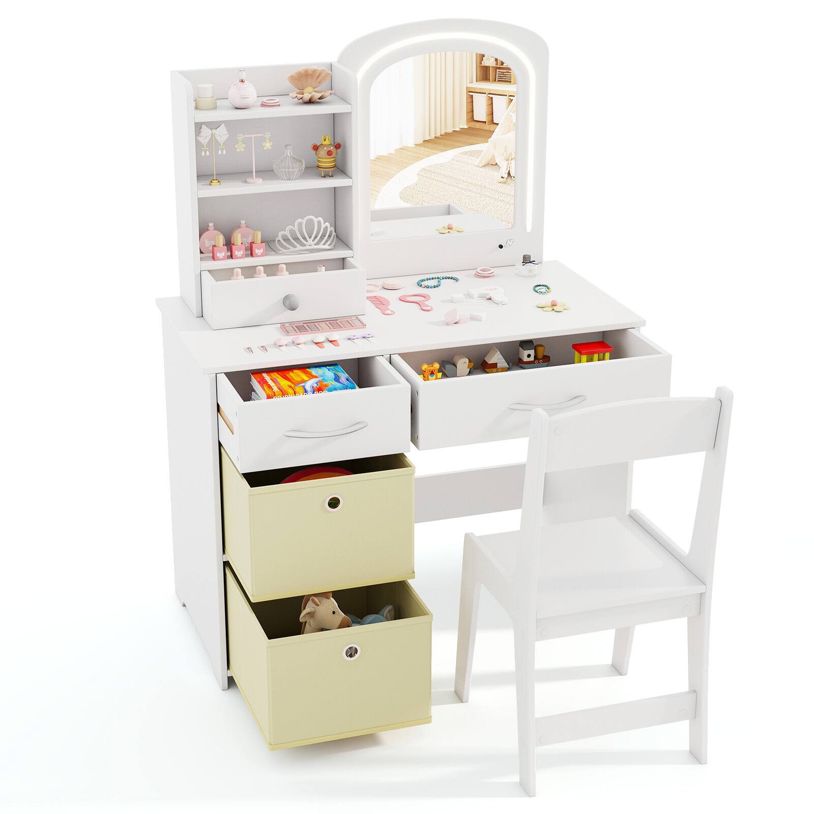Gymax - Kids Vanity Set Princess Makeup Desk & Chair w/ Mirror & Lights Open Shelves - White