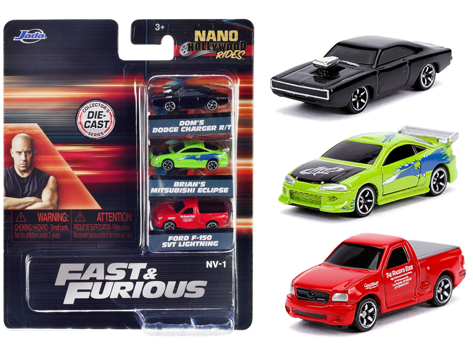 "Fast & Furious" 3 piece Set "Nano Hollywood Rides" Diecast Model Cars by Jada - Red, Black, Green