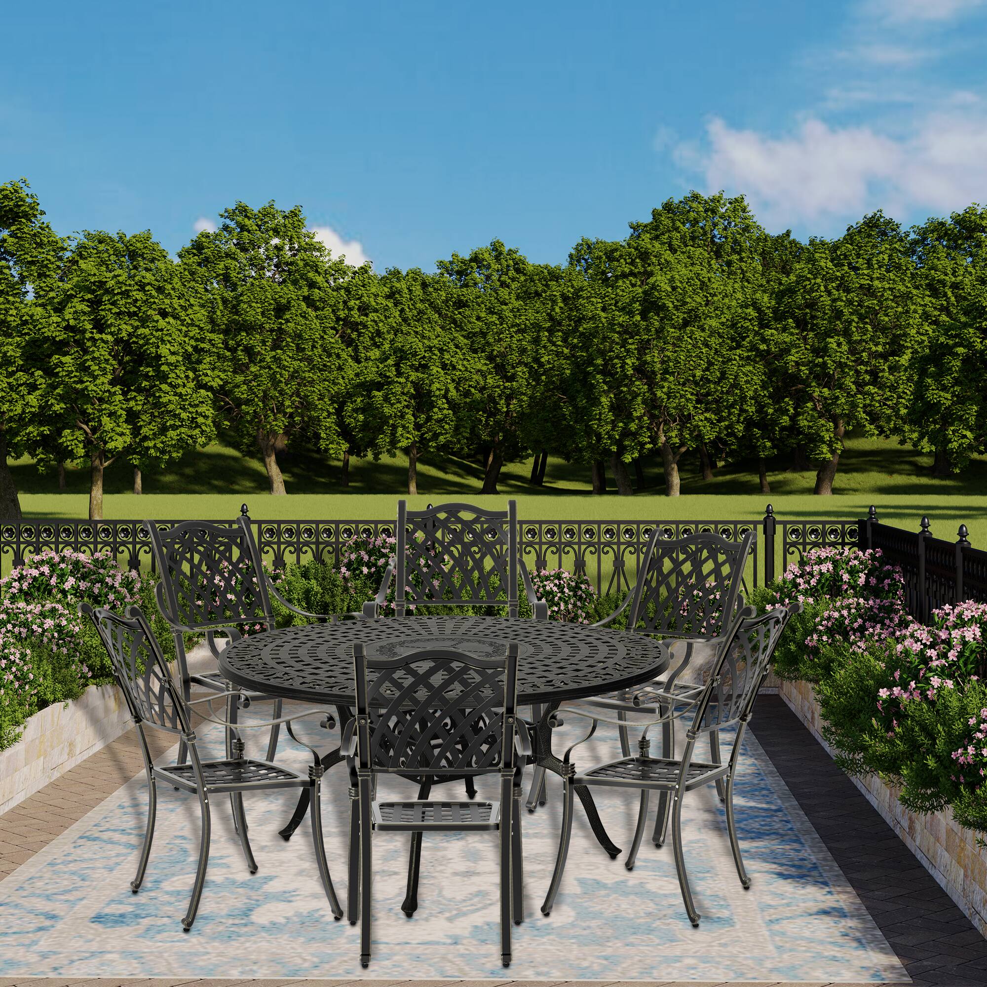 Left. Mondawe - 7-Piece Cast Aluminum Dining Set with Round Table and 6 Checkered Weave Chairs - Bronze.