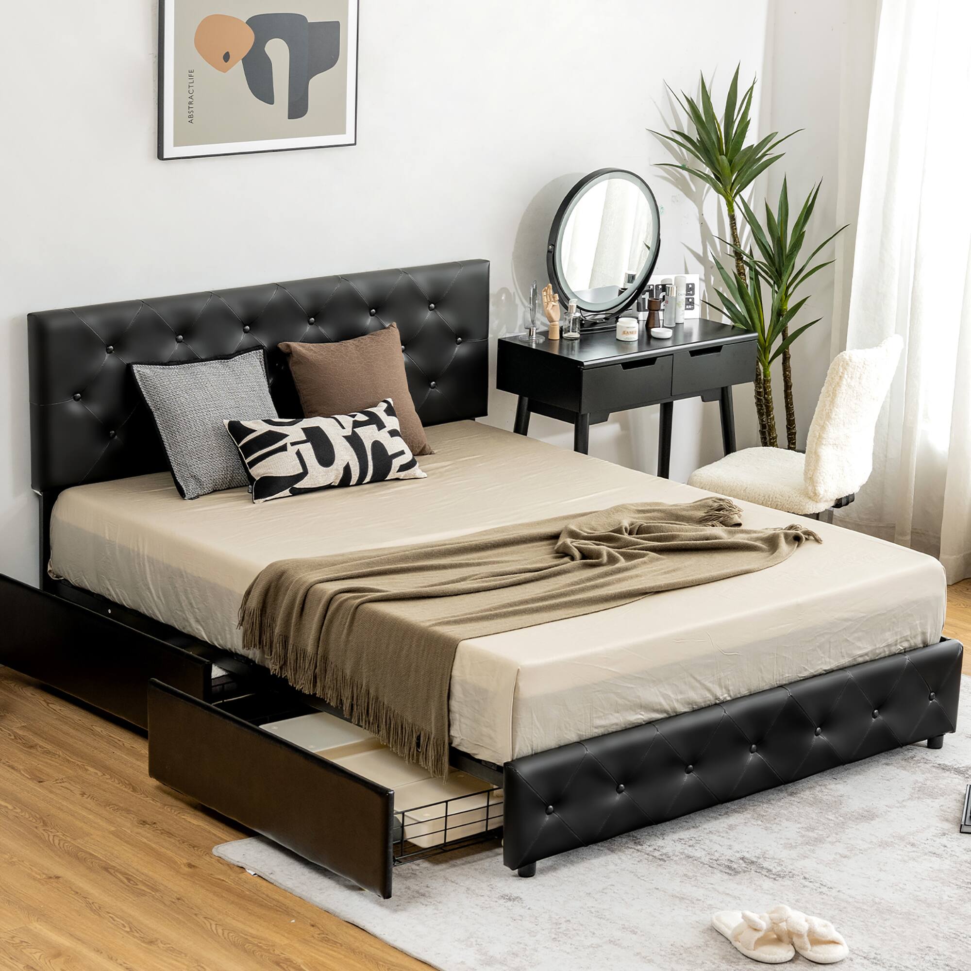 Alt View 2. Costway - Costway Full Upholstered Platform Bed w/ 4 Drawers PU Leather Button Tufted Headboard - Black.