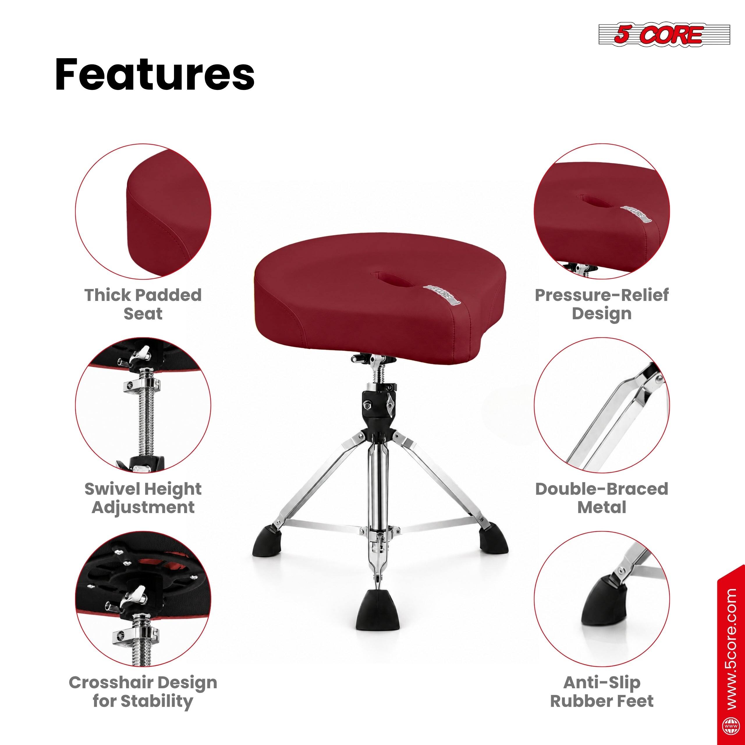 Features

- 5 CORE Thick Padded Seat
- Pressure-Relief Design
- Swivel Height Adjustment
- Double-Braced Metal Crosshair Design for Stability
- Anti-Slip Rubber Feet

www.5core.com