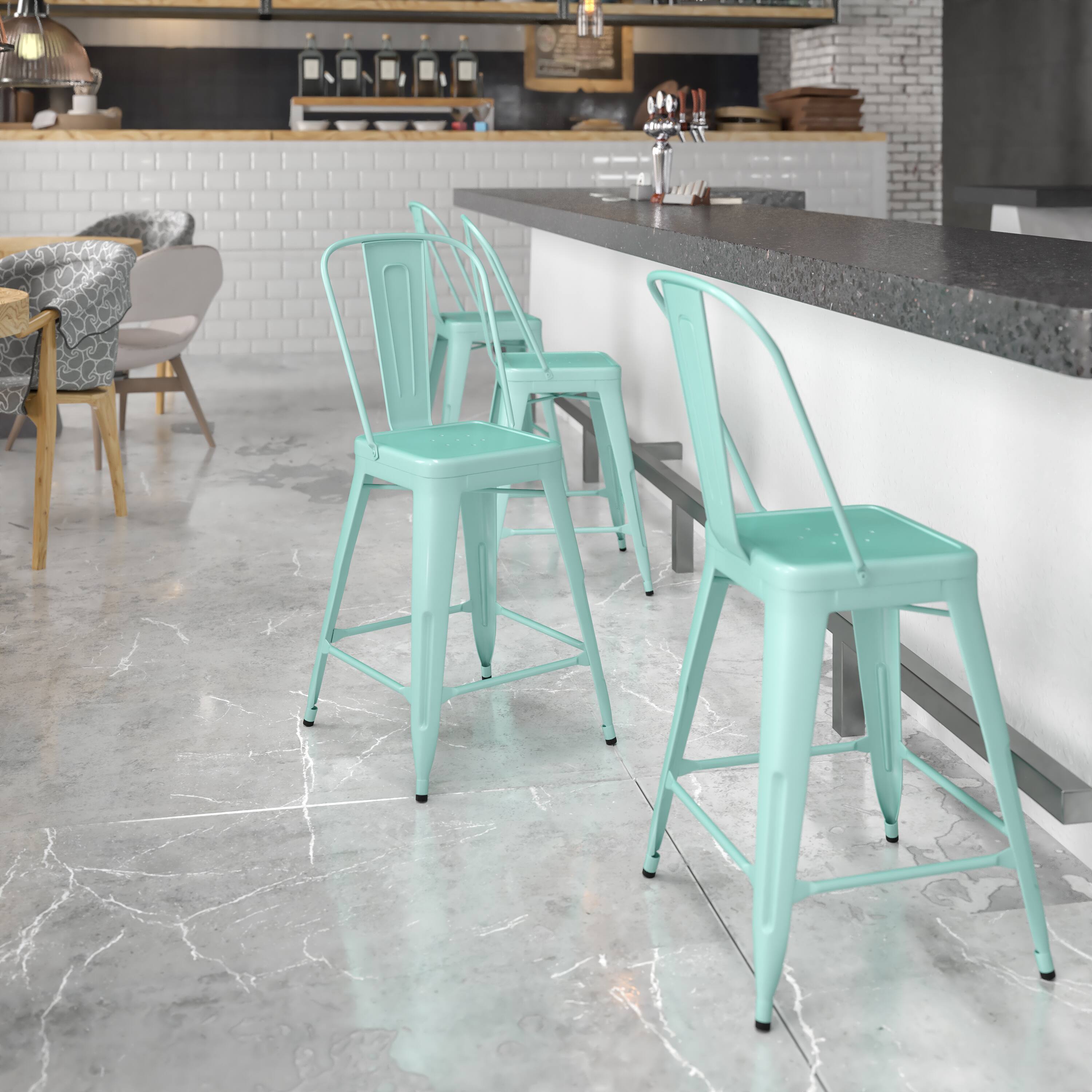 Alt View 1. Emma + Oliver - Commercial Grade 24"H Metal Indoor-Outdoor Counter Stool w/ Drain Holes and Back - Mint Green.