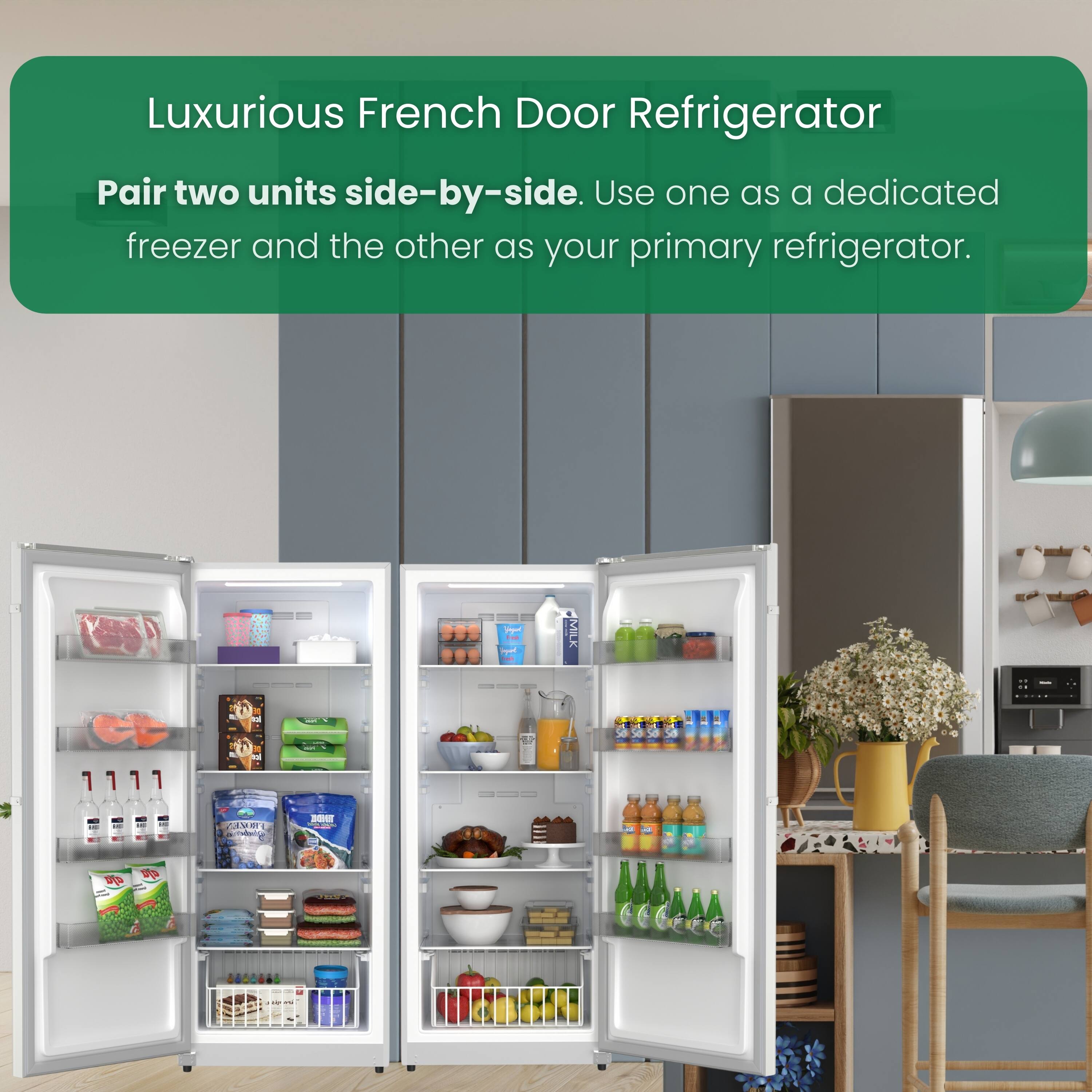 Luxurious French Door Refrigerator

Pair two units side-by-side. Use one as a dedicated freezer and the other as your primary refrigerator.