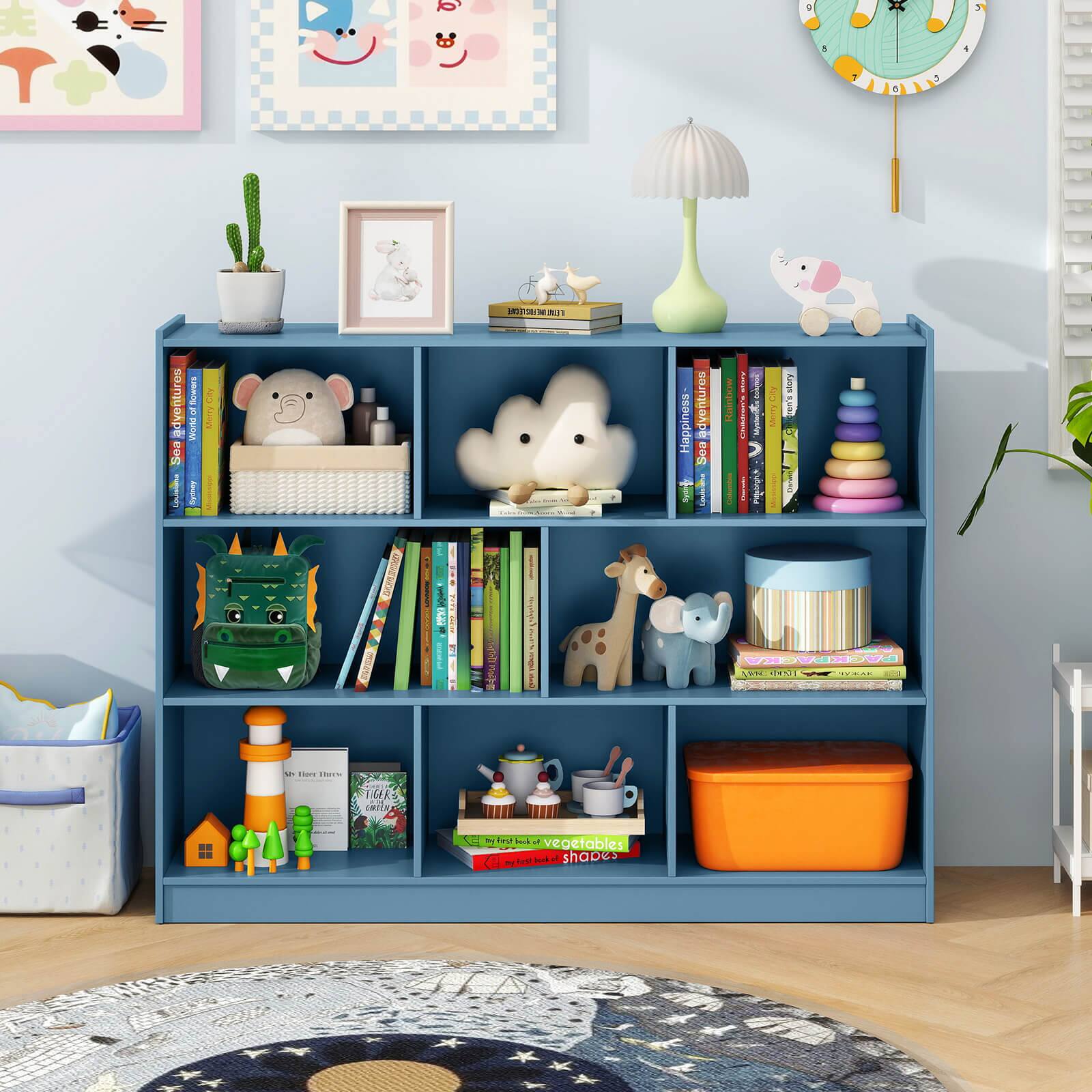 The image features a blue bookshelf filled with various books and toys. There are multiple books of different sizes and colors, as well as several toys, including a stuffed giraffe and a stuffed elephant. The bookshelf is also adorned with a clock and a potted plant, adding a touch of decoration to the space. The shelf is positioned in a corner of the room, making efficient use of the available space.