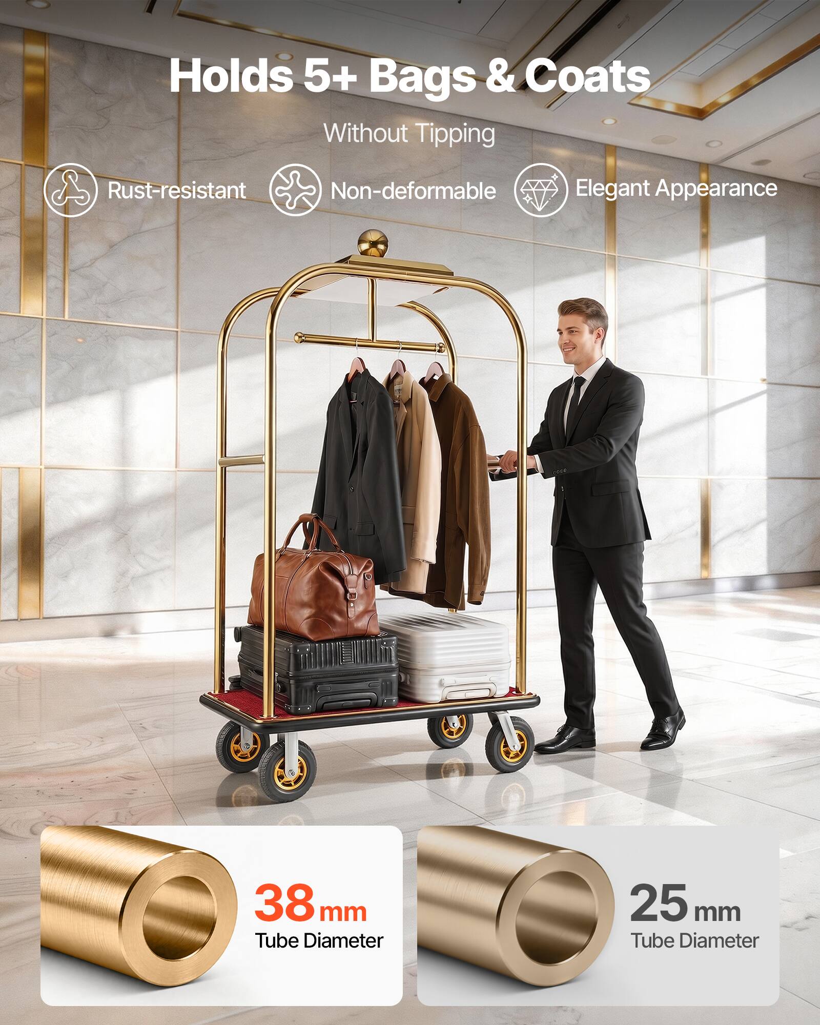 Holds 5+ Bags & Coats Without Tipping  
Rust-resistant  
Non-deformable  
Elegant Appearance  
38 mm Tube Diameter  
25 mm Tube Diameter
